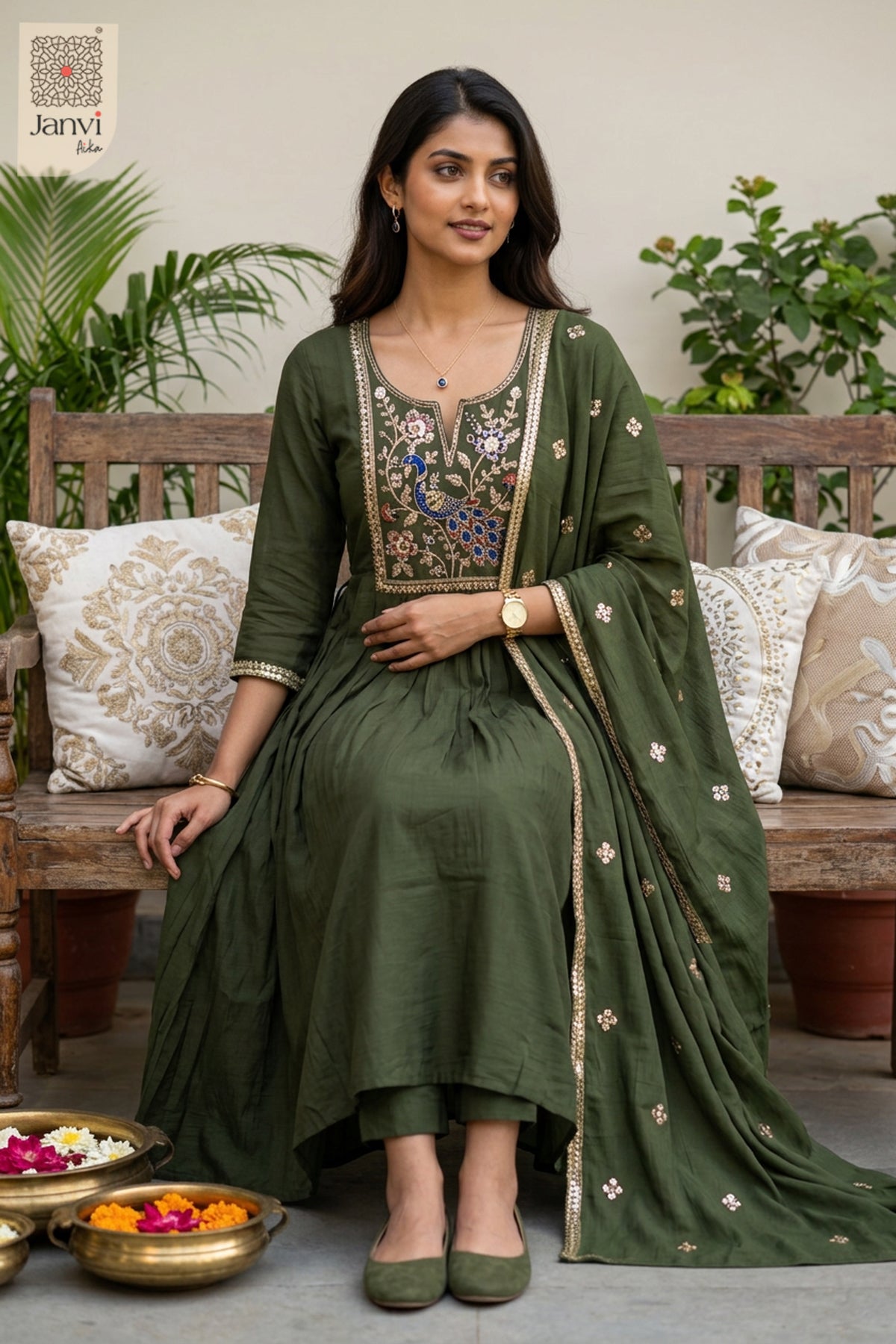 Fern Peacock Cutdana Notch Neck Anarkali