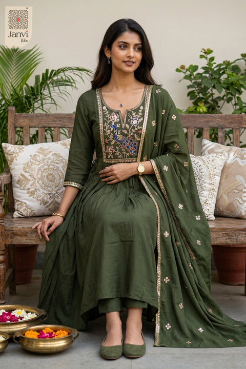 Fern Peacock Cutdana Notch Neck Anarkali