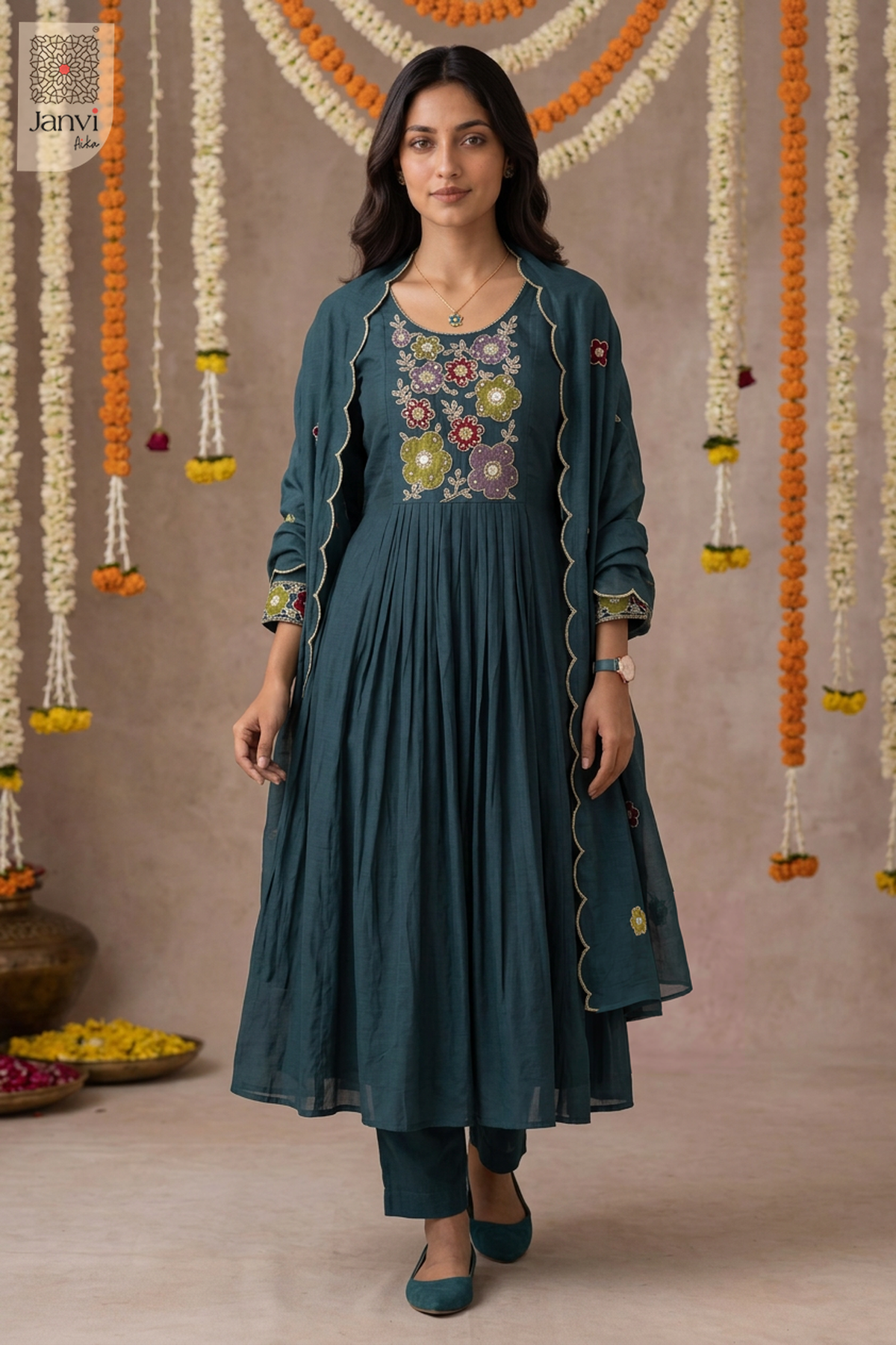 Fiora Mosaic Floral Yoke U Neck Gathered Anarkali