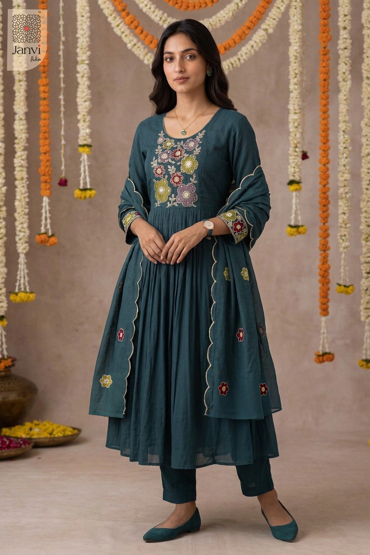 Fiora Mosaic Floral Yoke U Neck Gathered Anarkali