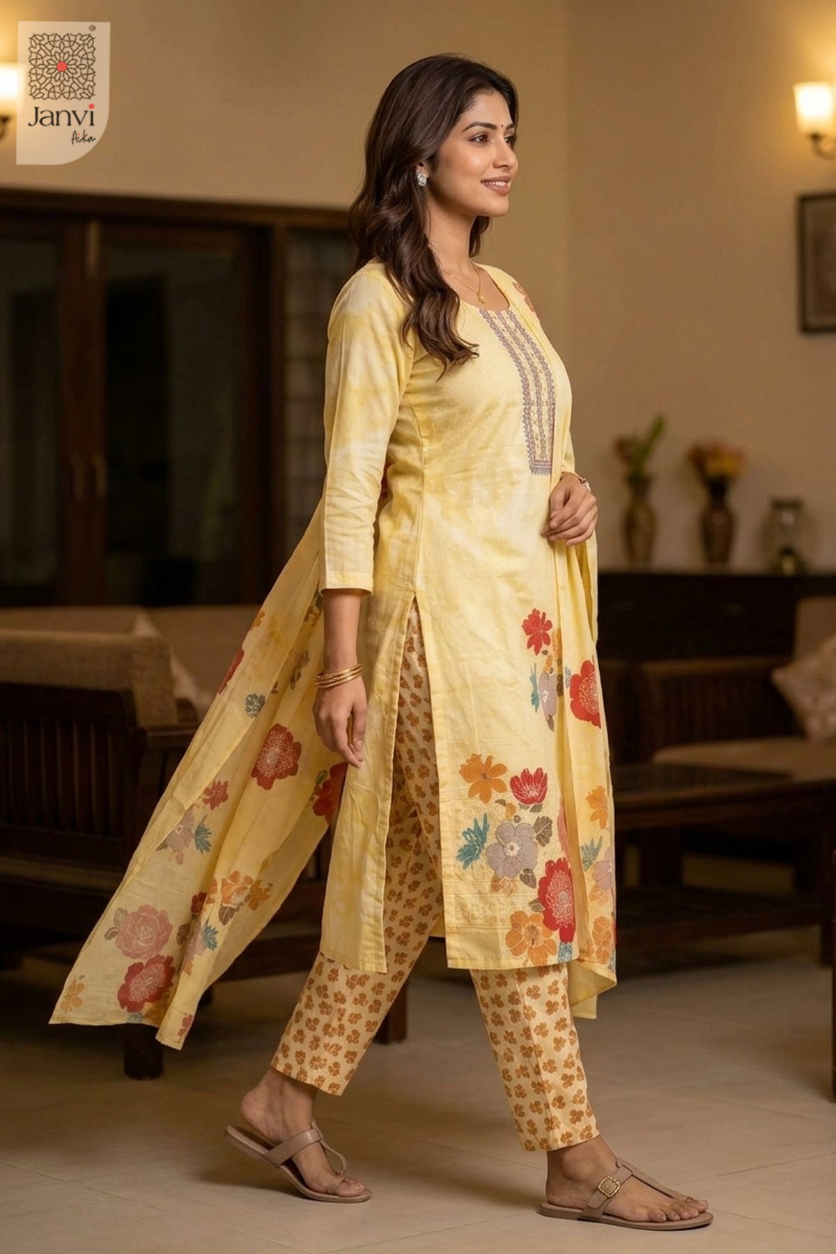 Side profile view showing side slit and drape of a pastel soft orange chudidar set.