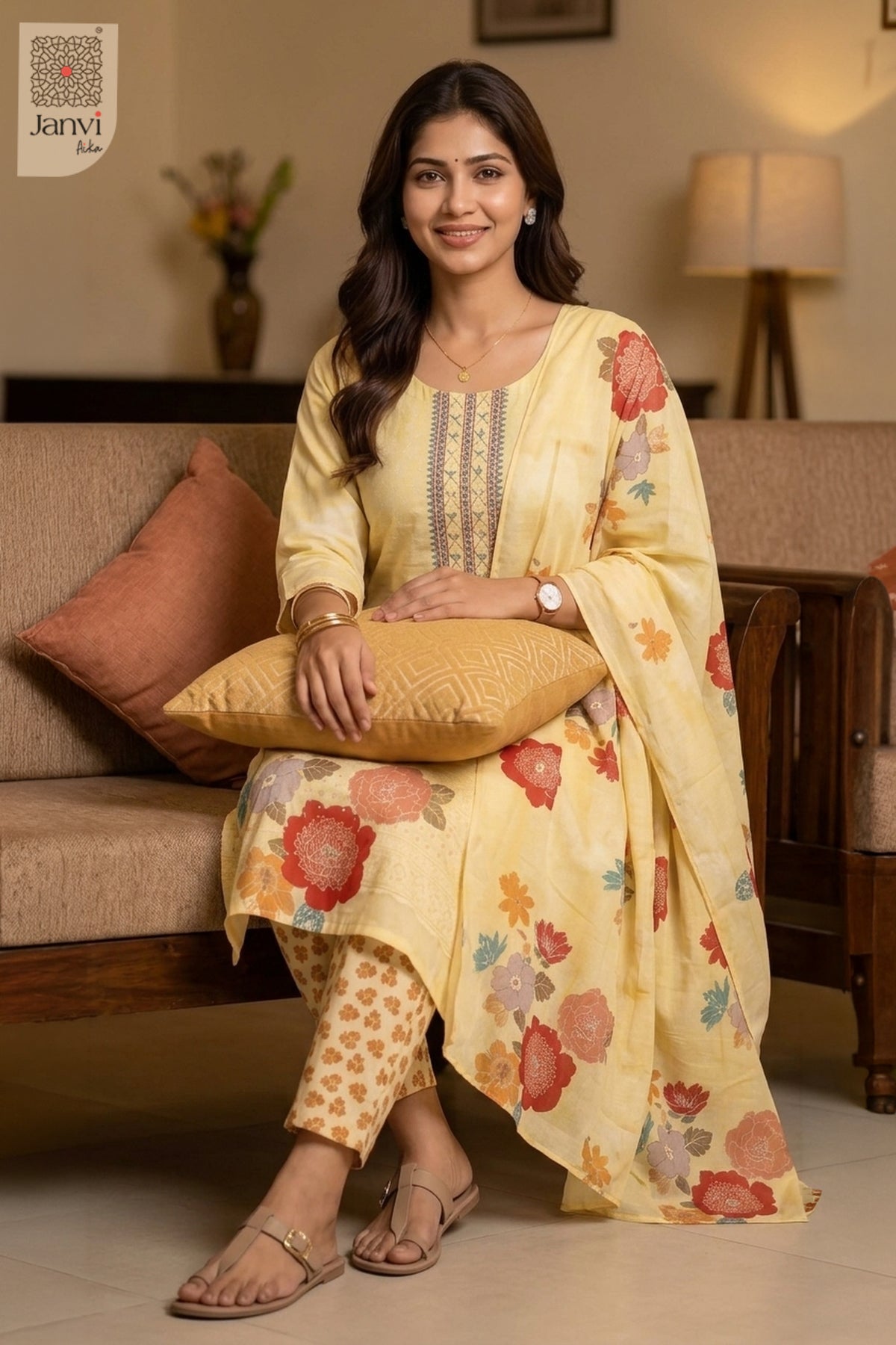 Seated on couch holding cushion in pastel soft orange festive churidar set readymade.