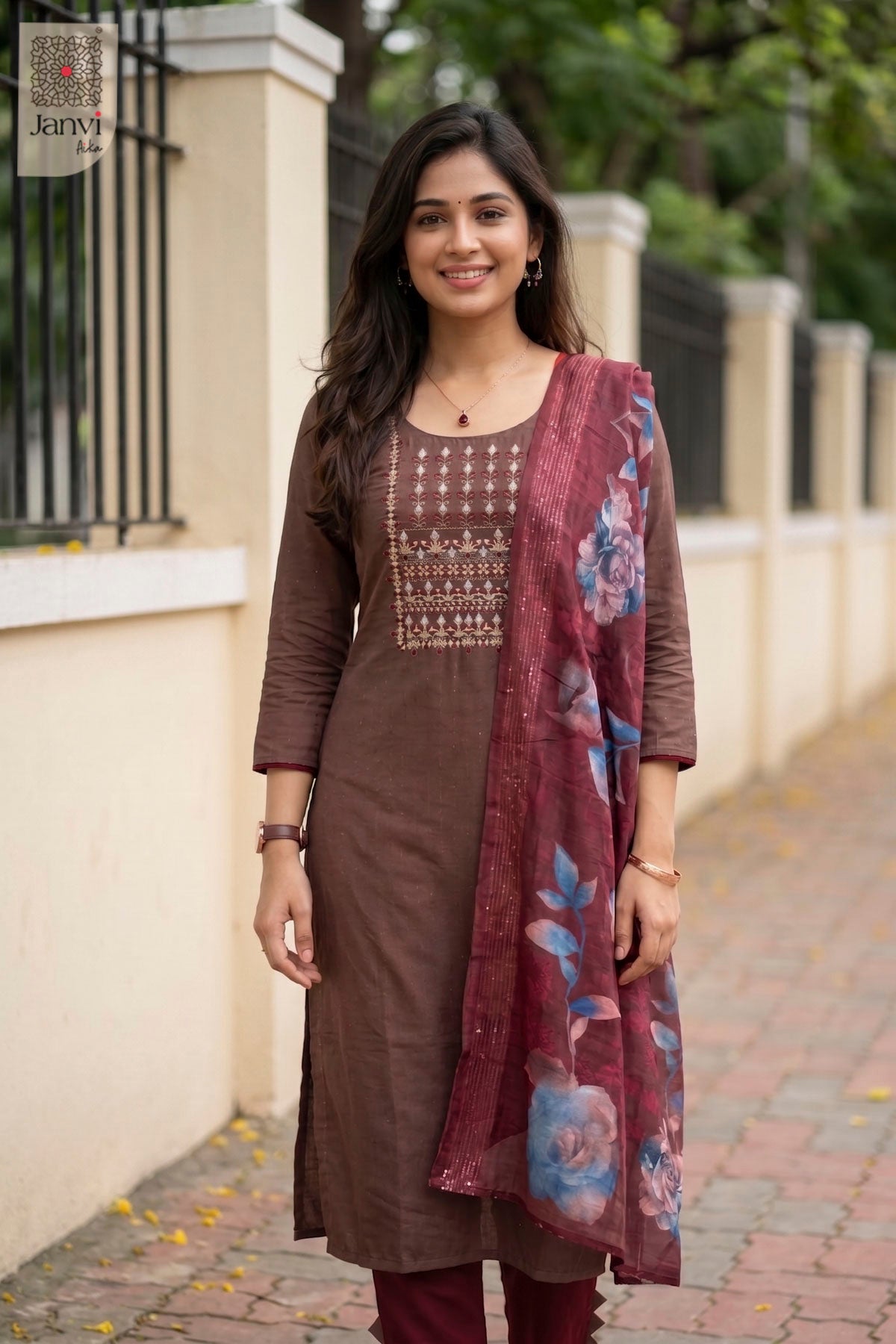 Close-up of bodice and embroidery of Gulnaar Brown Elegance for women's online clothing boutique.
