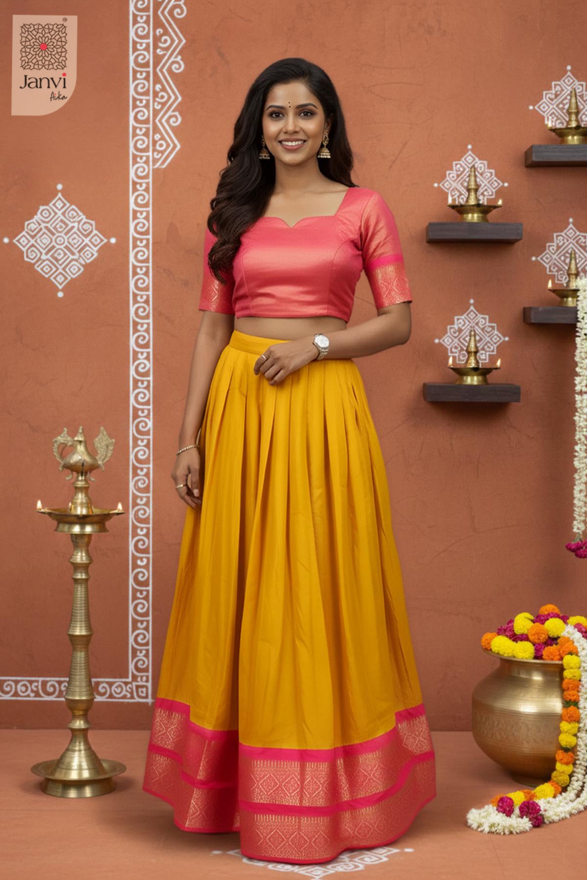 Front full standing shot of a half saree as a beautiful lehenga stylish saree for weddings.