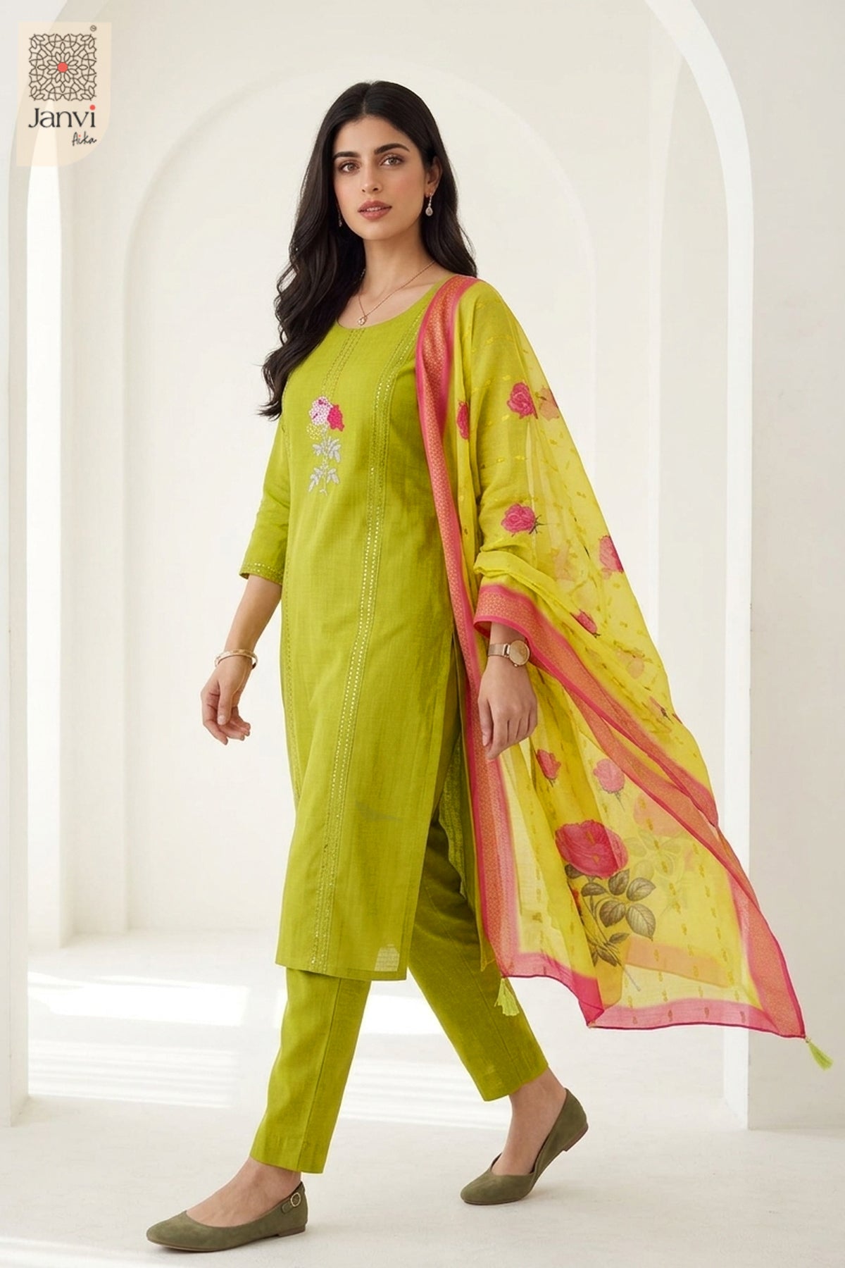 Three quarter walking pose showcasing pink embroidery on yellowish green chudidar set.