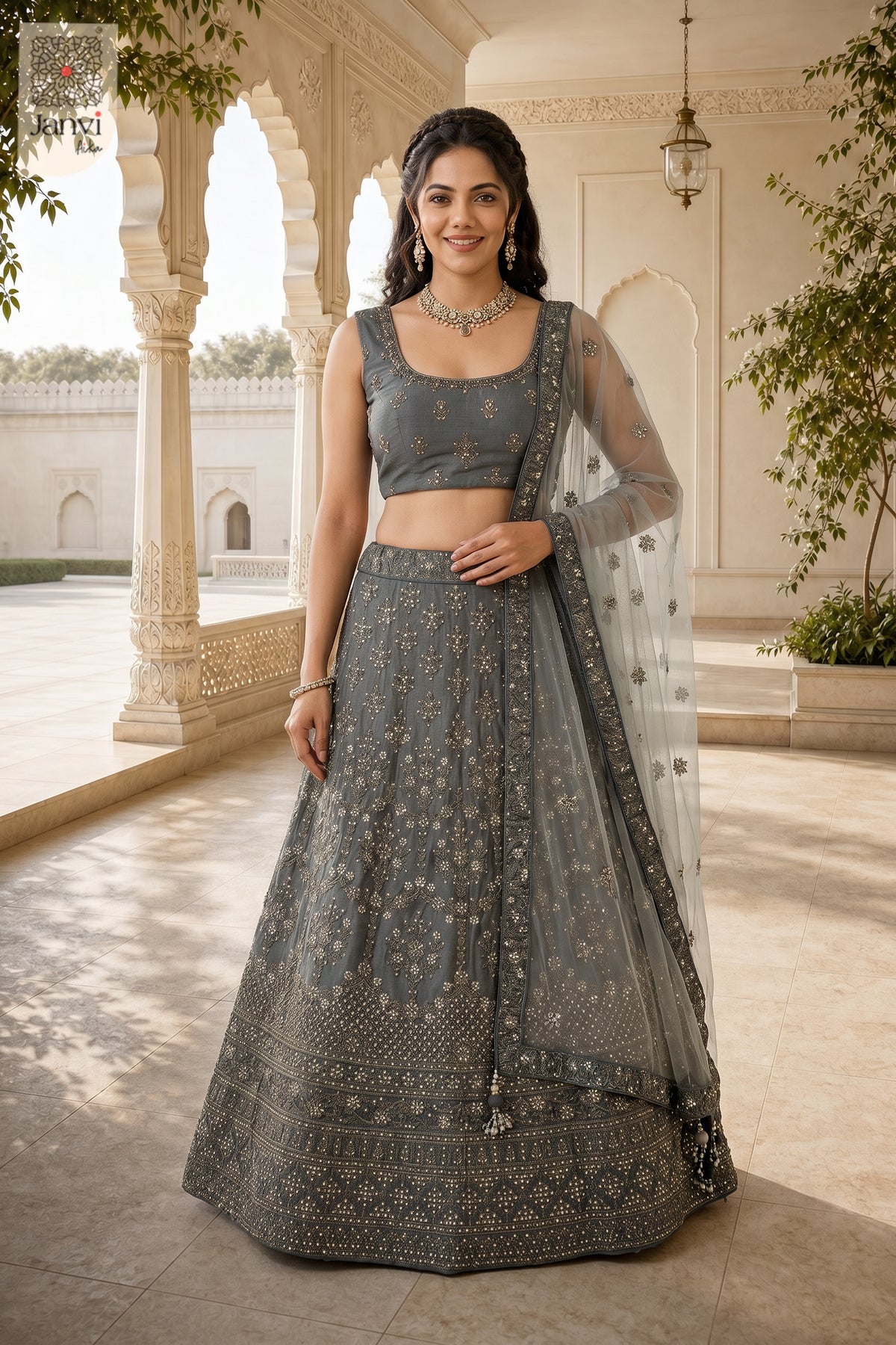 Elegant grey net women lehenga set featuring a detailed front full standing shot.