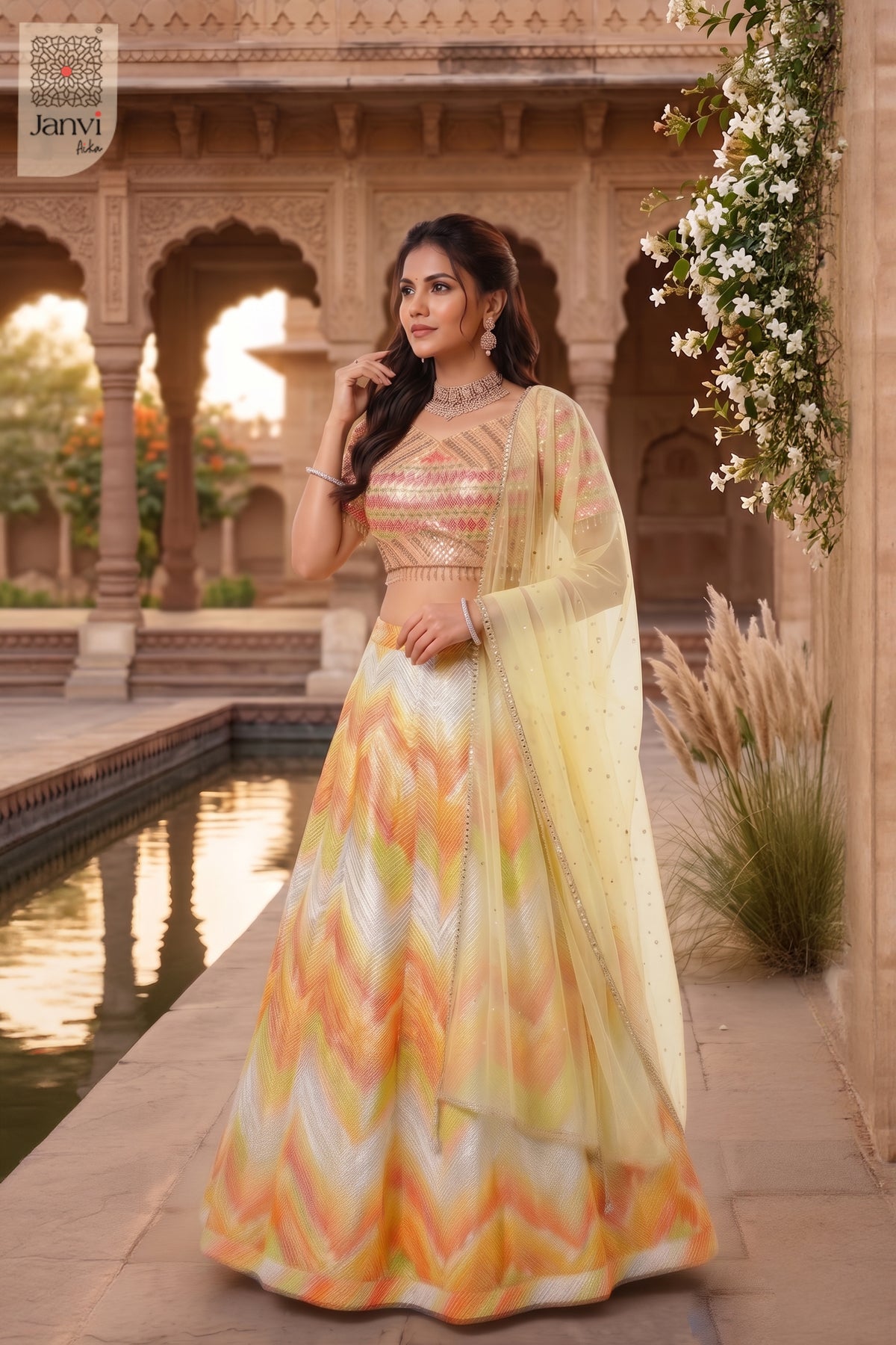 This front full standing shot showcases a gorgeous yellow/orange organza yellow bridal lehenga.