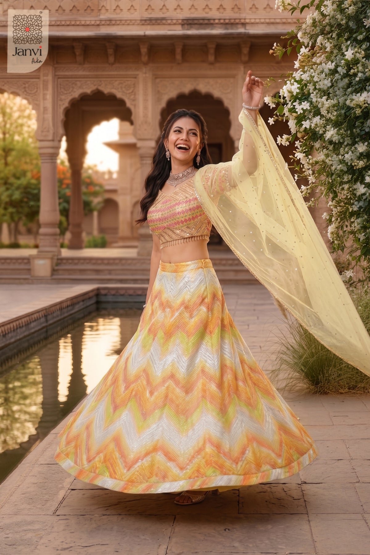 Front full standing shot of a classic yellow/orange organza yellow color lehenga design.