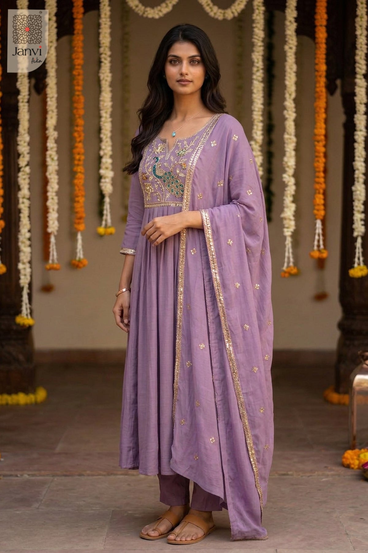 Heather Runway Peacock Embroidered Notch Neck Anarkali