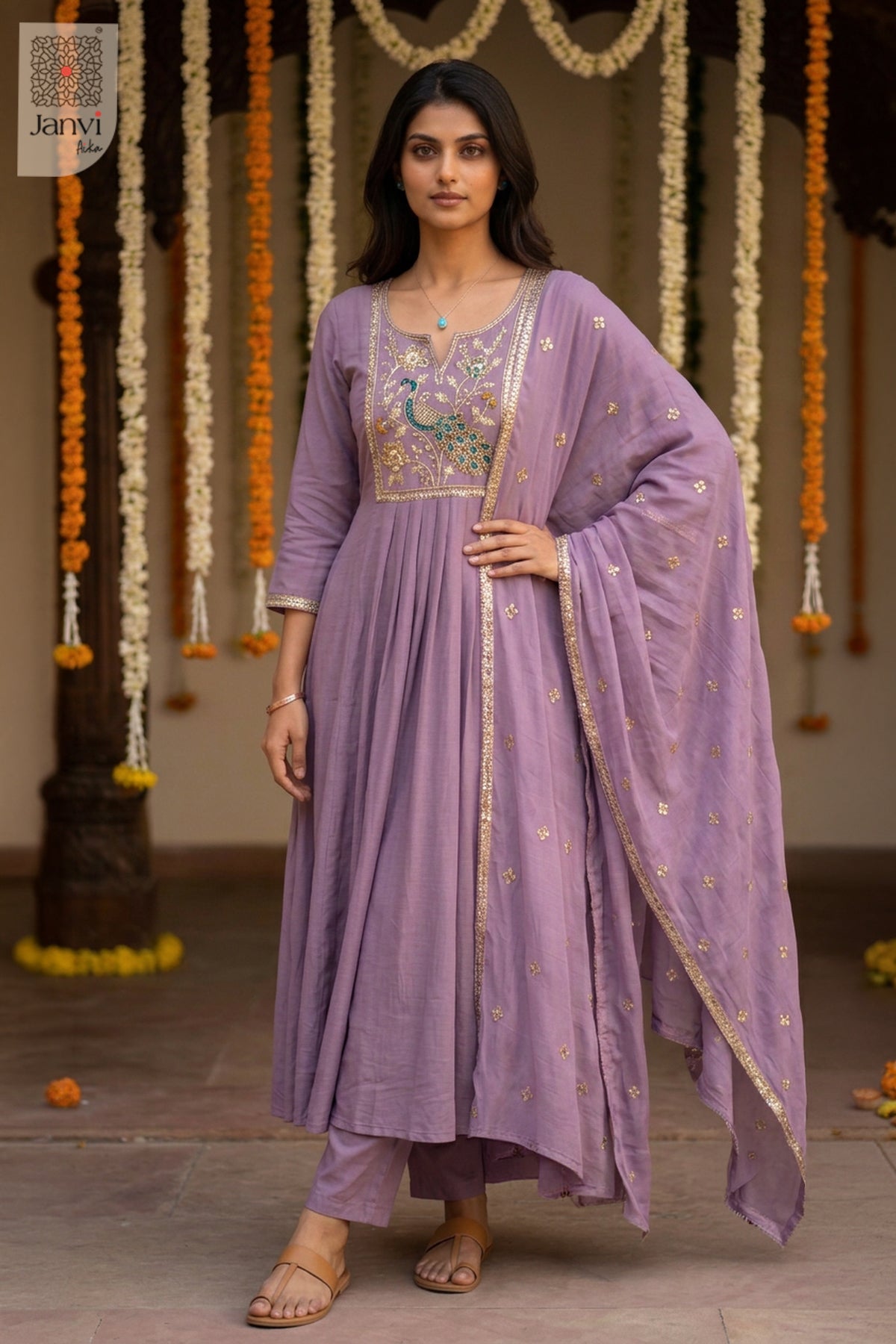 Heather Runway Peacock Embroidered Notch Neck Anarkali