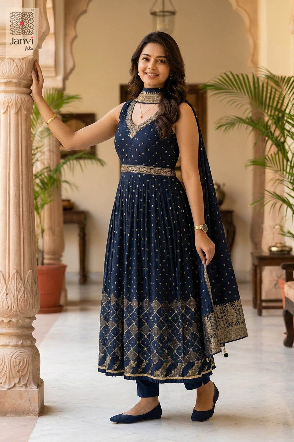 Side profile view of Ira Midnight showcasing design for simple party wear dress for ladies.