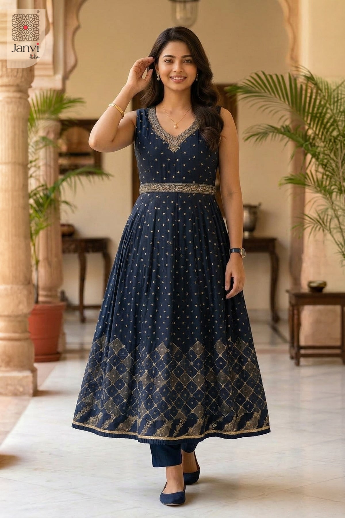 Waist-up front view of Ira Midnight presenting style for beautiful party dresses for ladies.