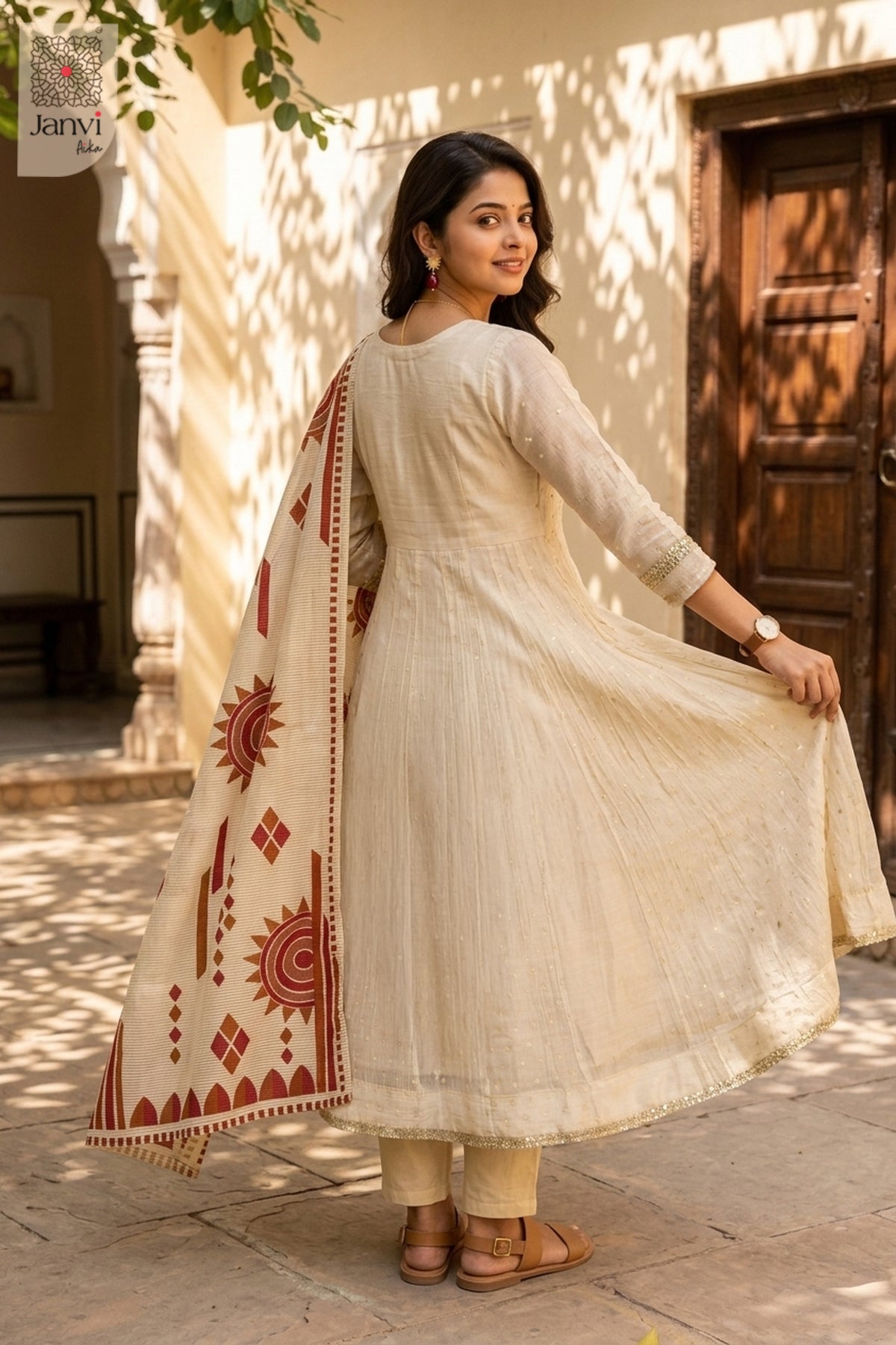 Front angled view of the flared silhouette of Ivory Sunburst for readymade dress online shopping.