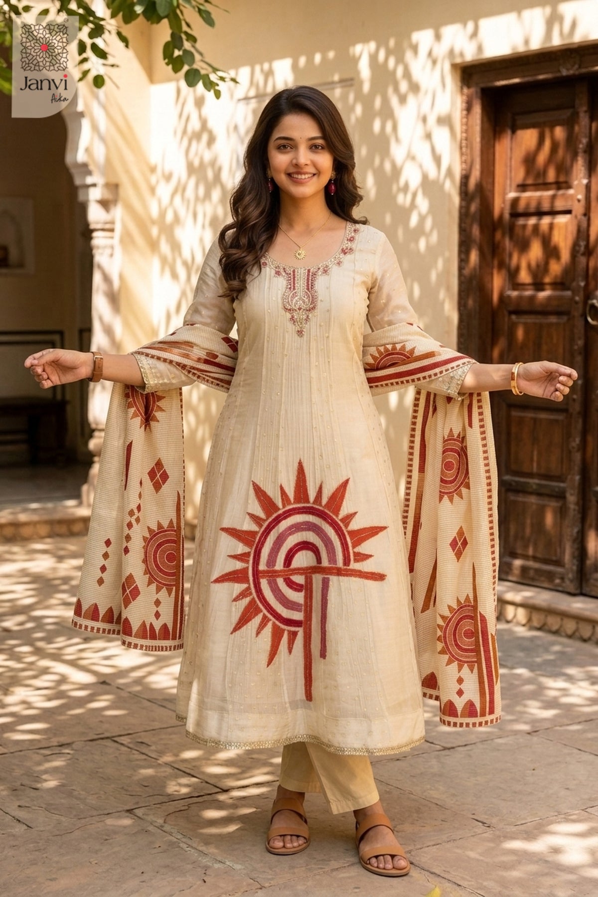 Waist-up front view of Ivory Sunburst presenting style for designer indian wedding dresses.