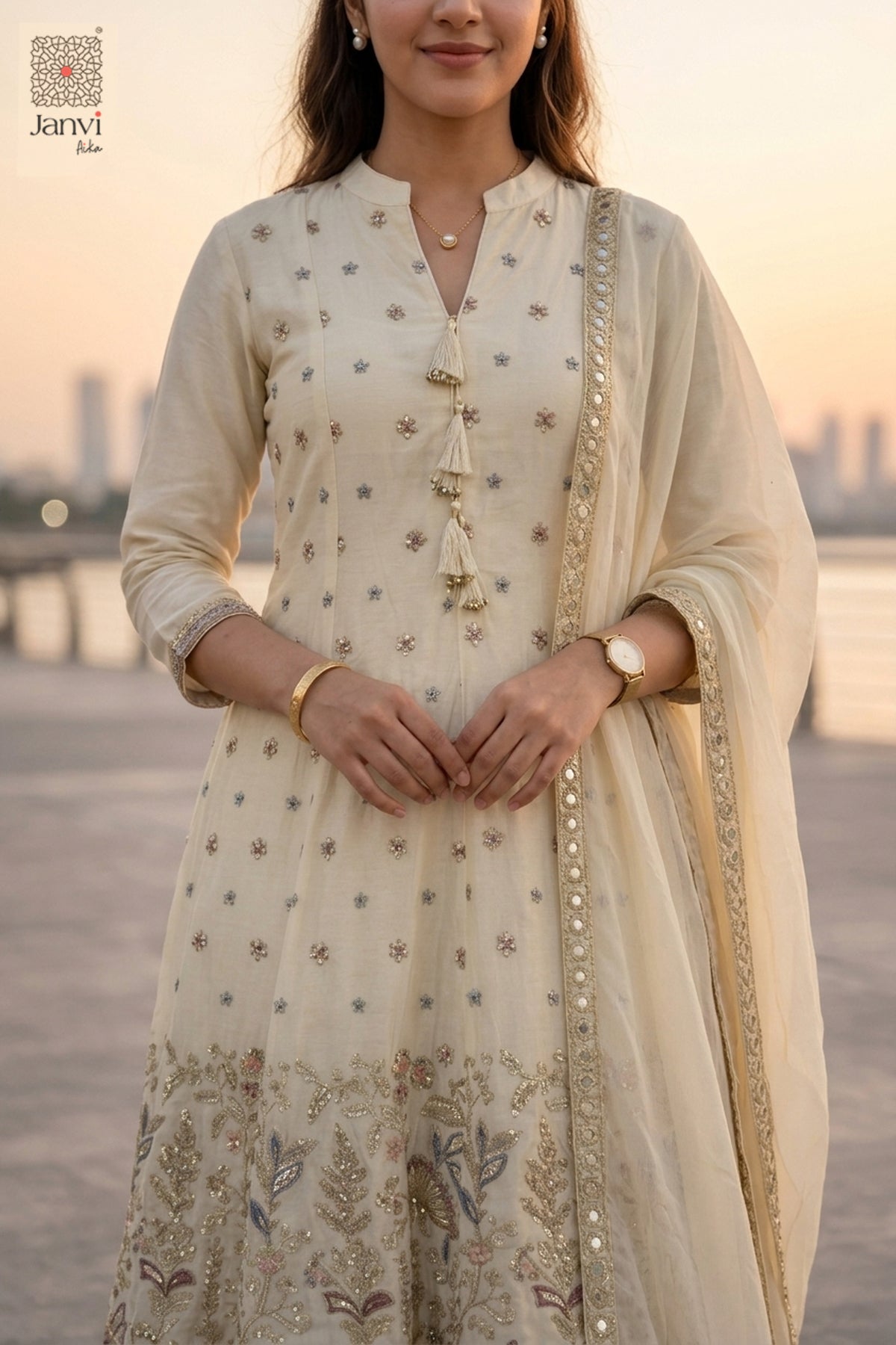 Close up view of floral embroidery on a half white georgette anarkali kurti yoke.
