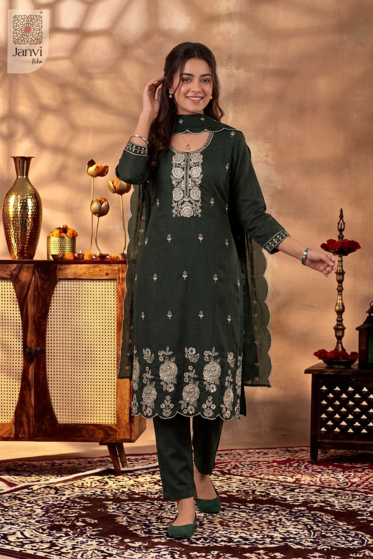 Juniper Green Vintage Vine Embroidered Round Neck Kurti