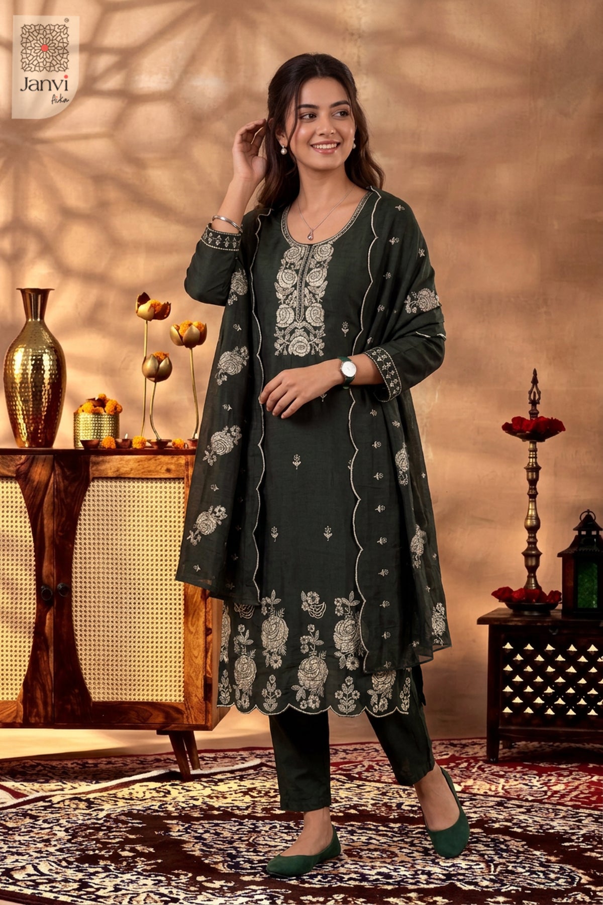 Juniper Green Vintage Vine Embroidered Round Neck Kurti