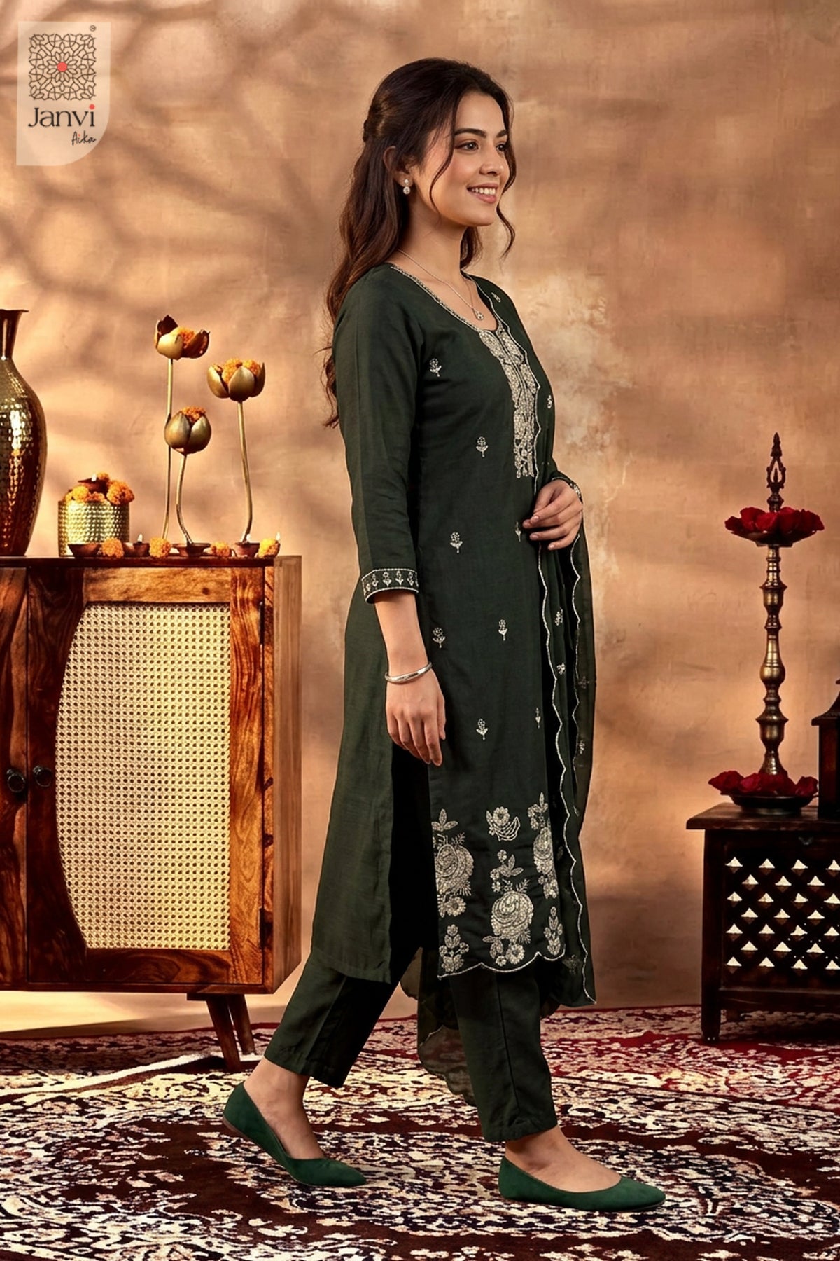 Juniper Green Vintage Vine Embroidered Round Neck Kurti