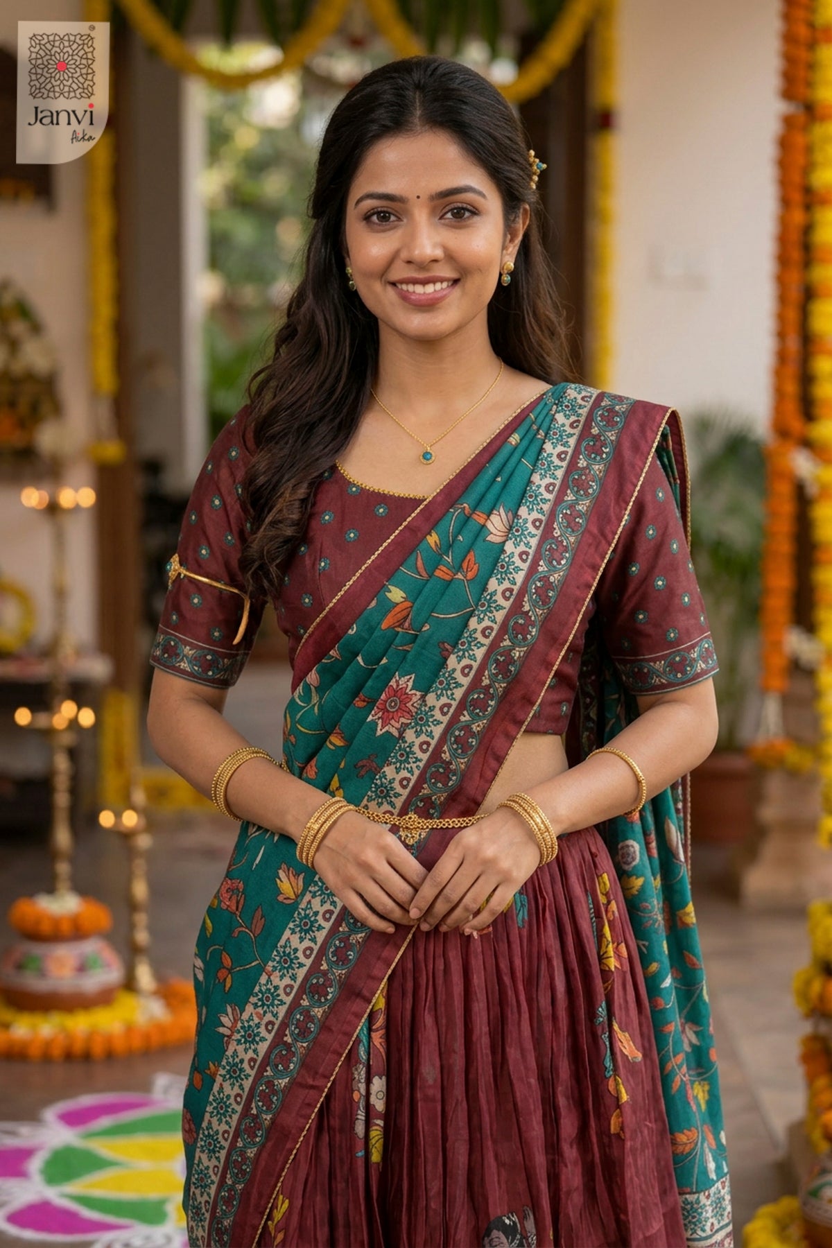 Waist up front smiling view of a half saree as a beautiful lehenga saree for ladies.