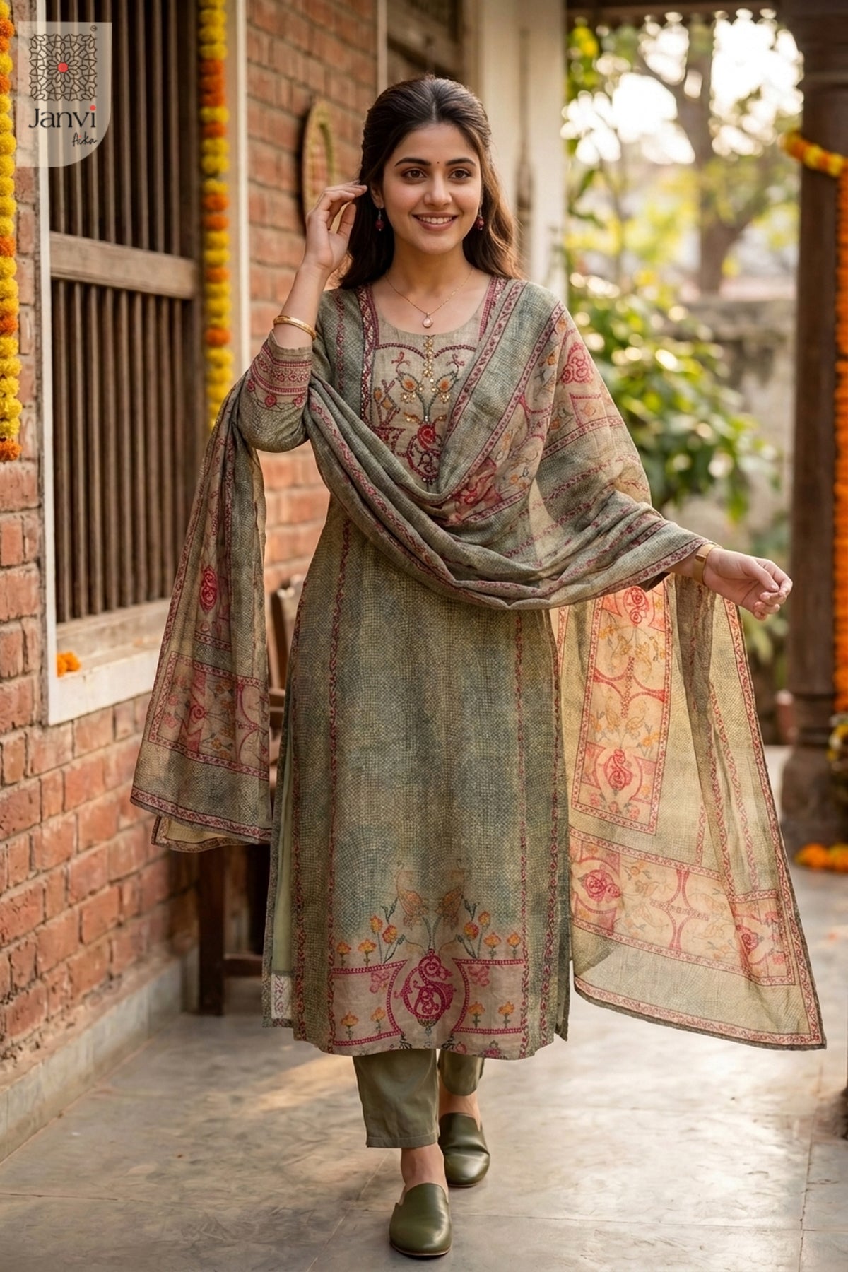 Front standing studio view of a muted olive green georgette anarkali kurti ensemble.