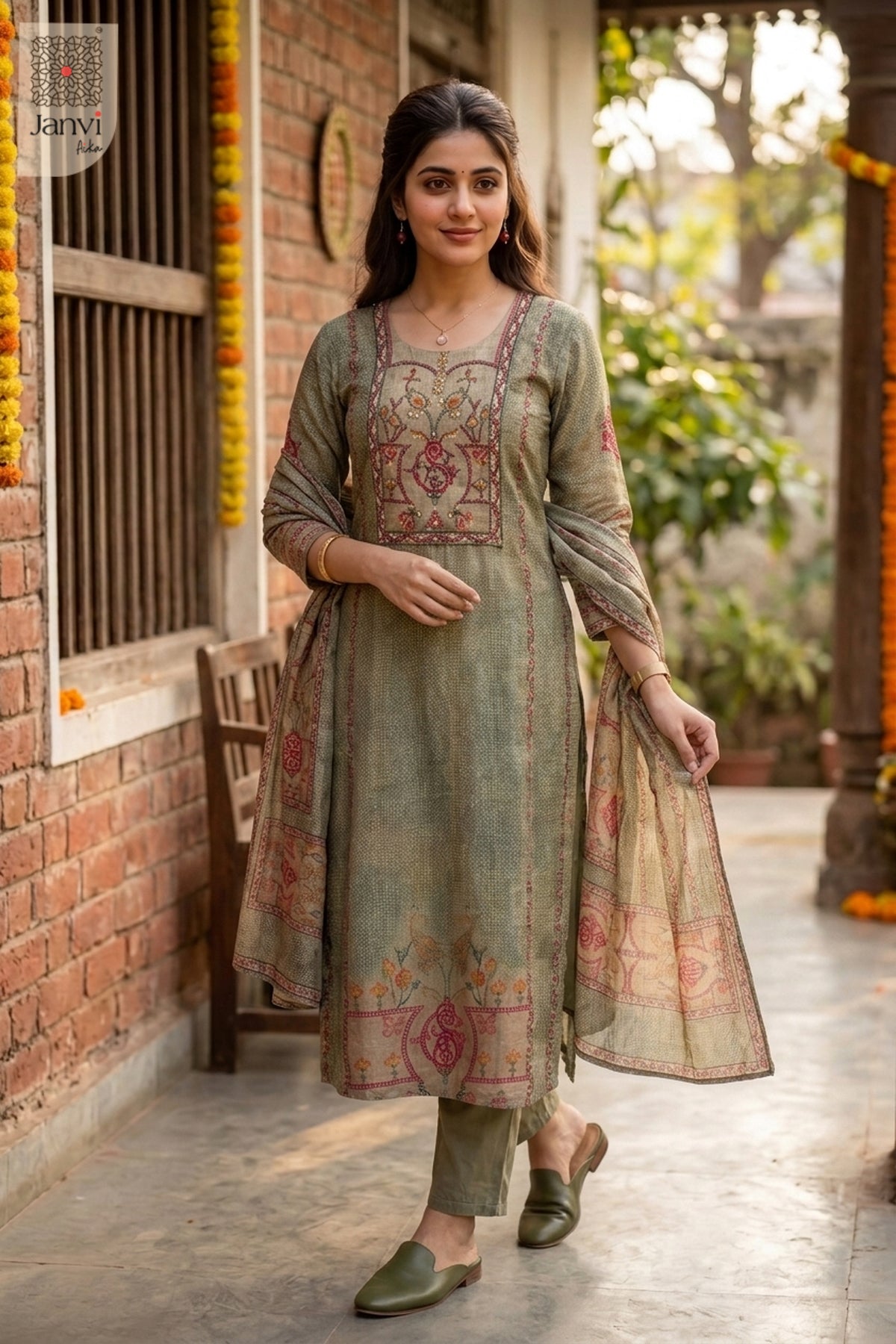 Muted olive green printed long anarkali dress with dupatta in full sequence pose.