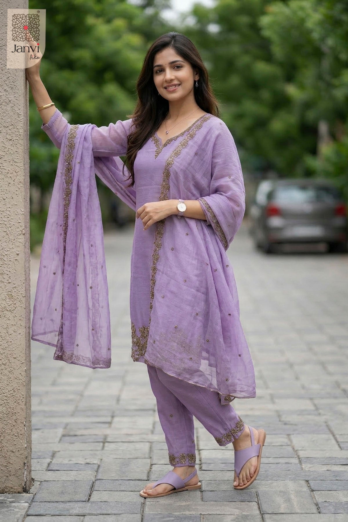 Back view showing neckline styling of Lavender Silk Blend for black and white dresses for women.