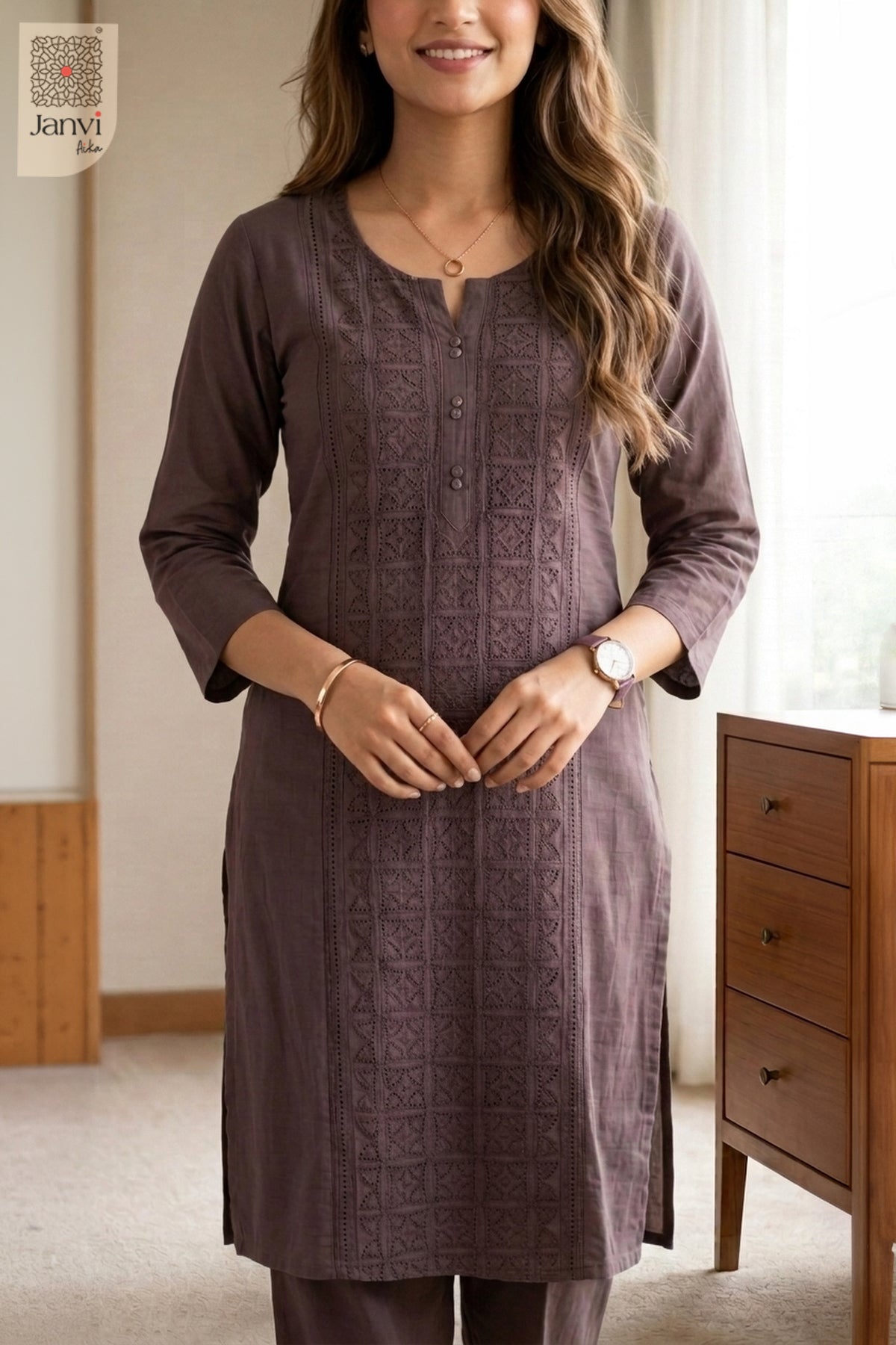Front close-up of Lilac Grace from the 2 piece outfits for ladies range and tonal embroidery.
