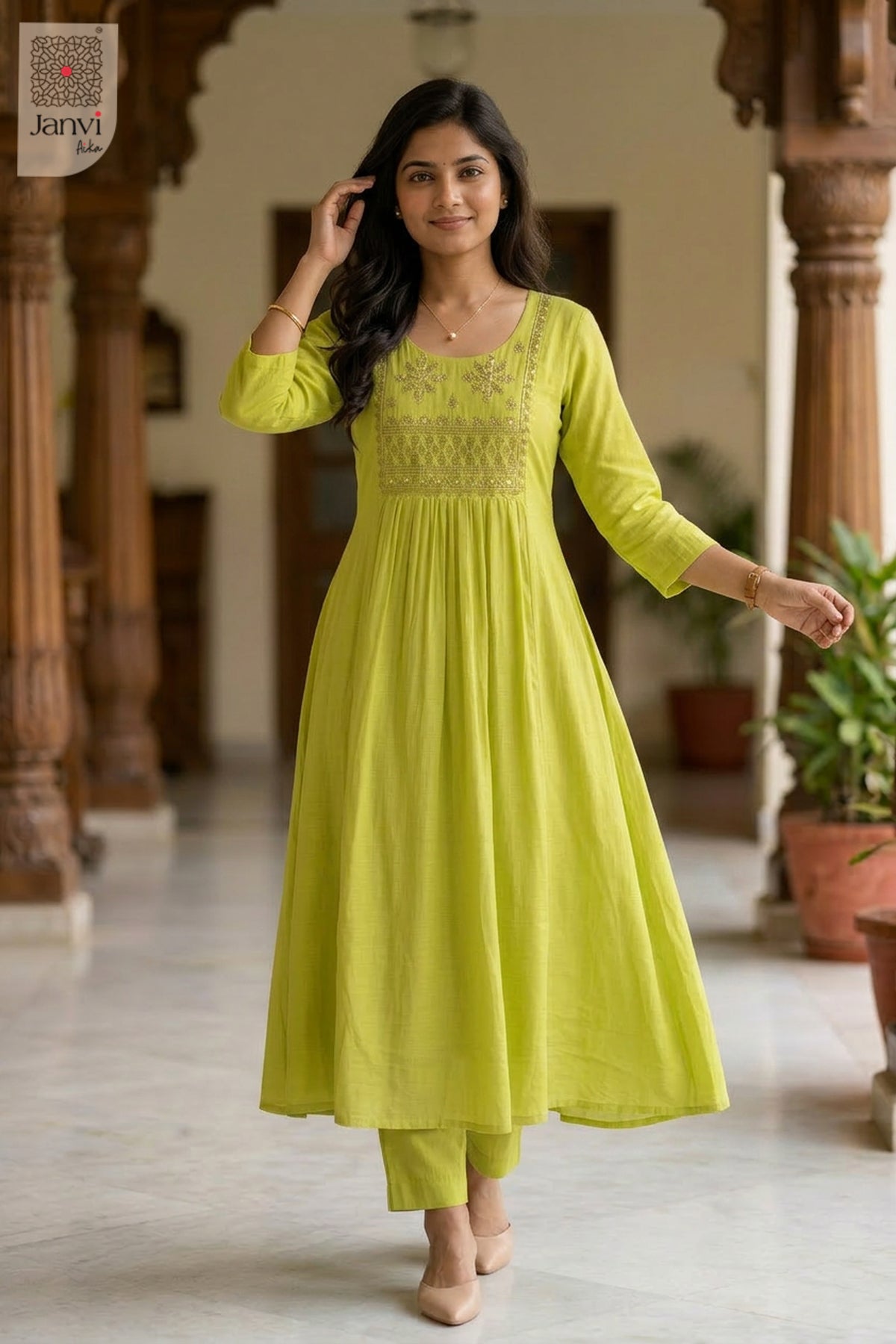 Side profile view of Lime Regalia Top showcasing design for readymade party wear suits online.