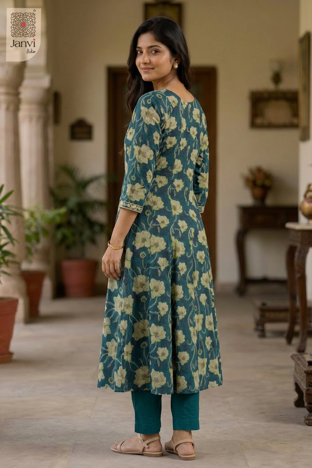 Back view showing neckline styling of Luminous Lagoon for birthday party dresses for ladies.