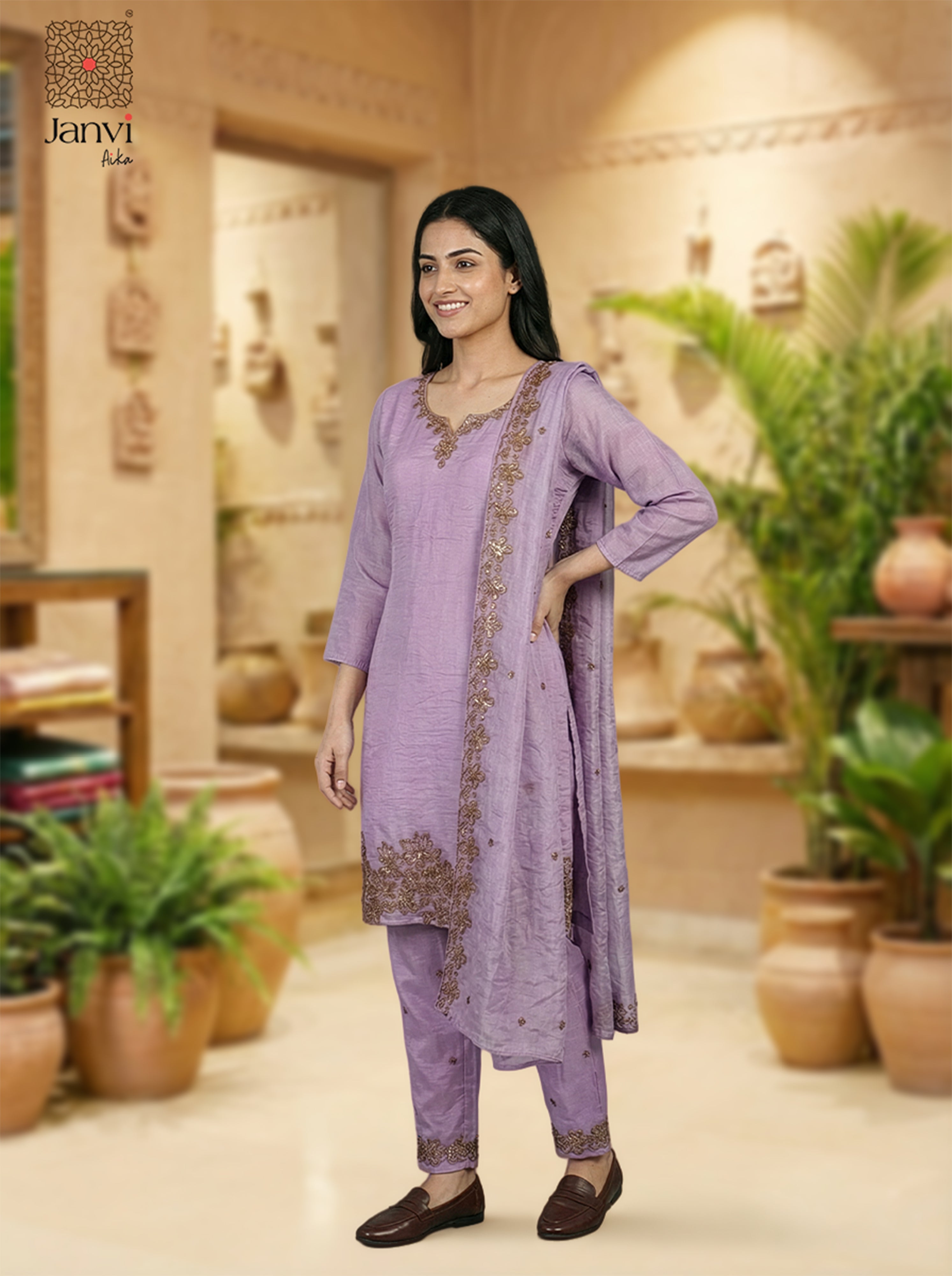 Lavender Silk Blend Embroidered Chudidhar Set – Elegant Festive Wear