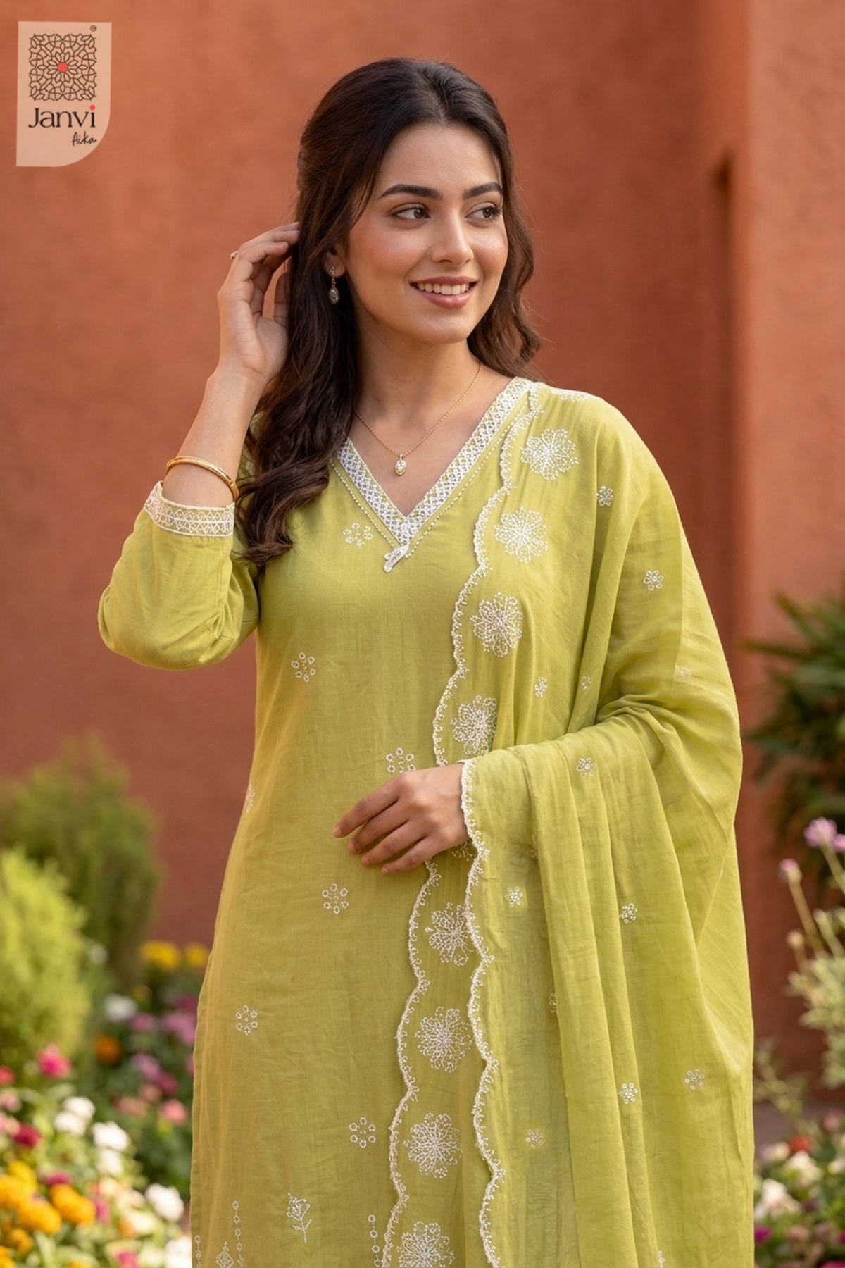 Lime Blossom Lace V Neck Kurti