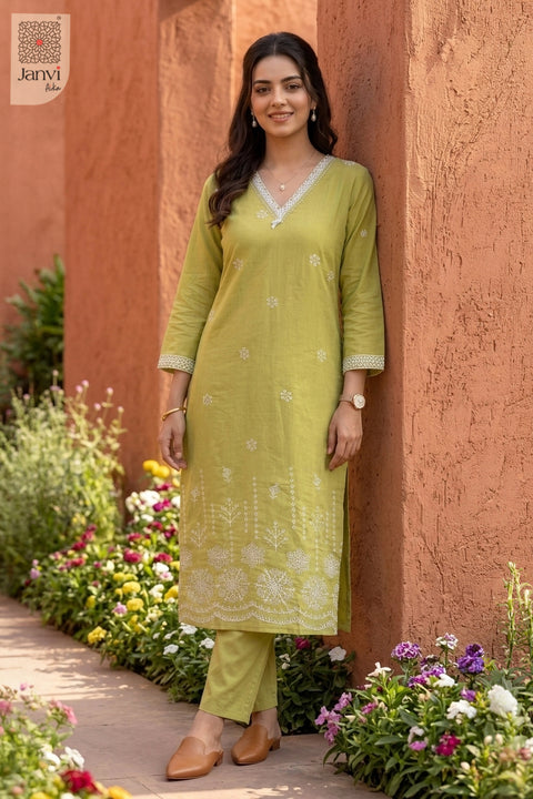 Lime Blossom Lace V Neck Kurti