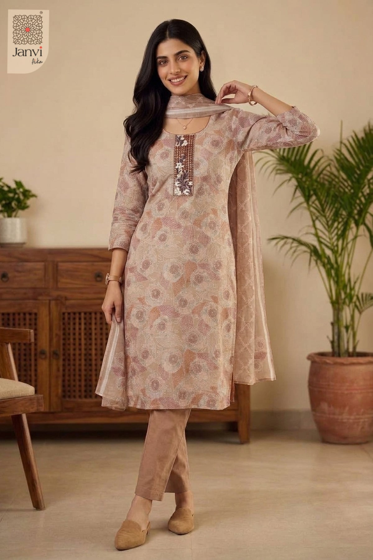 Waist up portrait adjusting light peach red drape on a churidar set with dupatta.