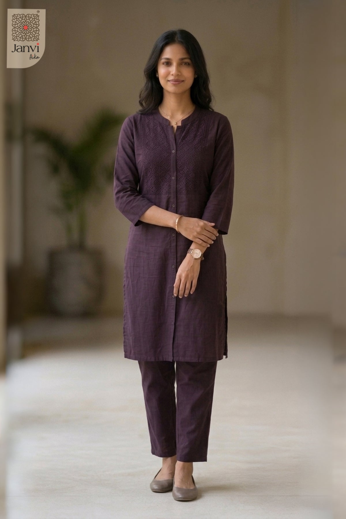Full front pose of Majesty Nirvi in wine from the 2 piece outfits for ladies collection.
