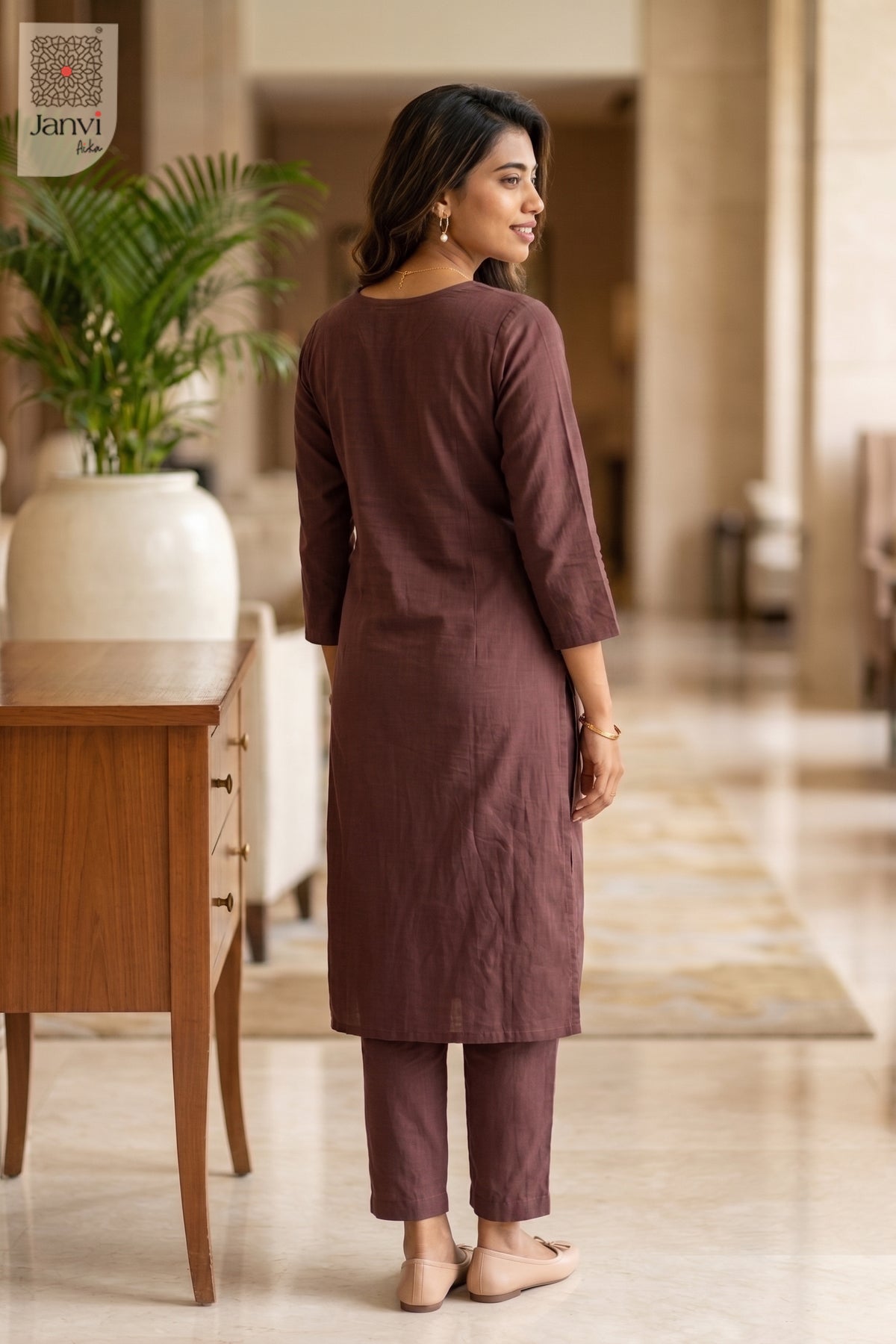 Back view of Maroon Muse in light maroon mulmul cotton from the 2 piece outfits for ladies range.
