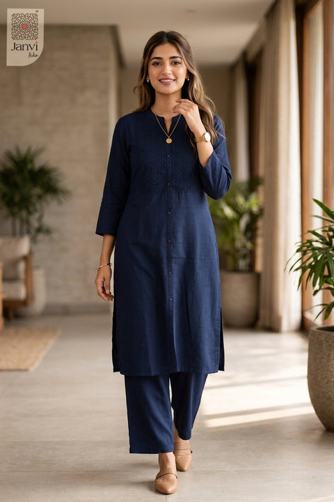 Standing front view of Midnight Muse in royal blue from the 2 piece outfits for ladies collection.