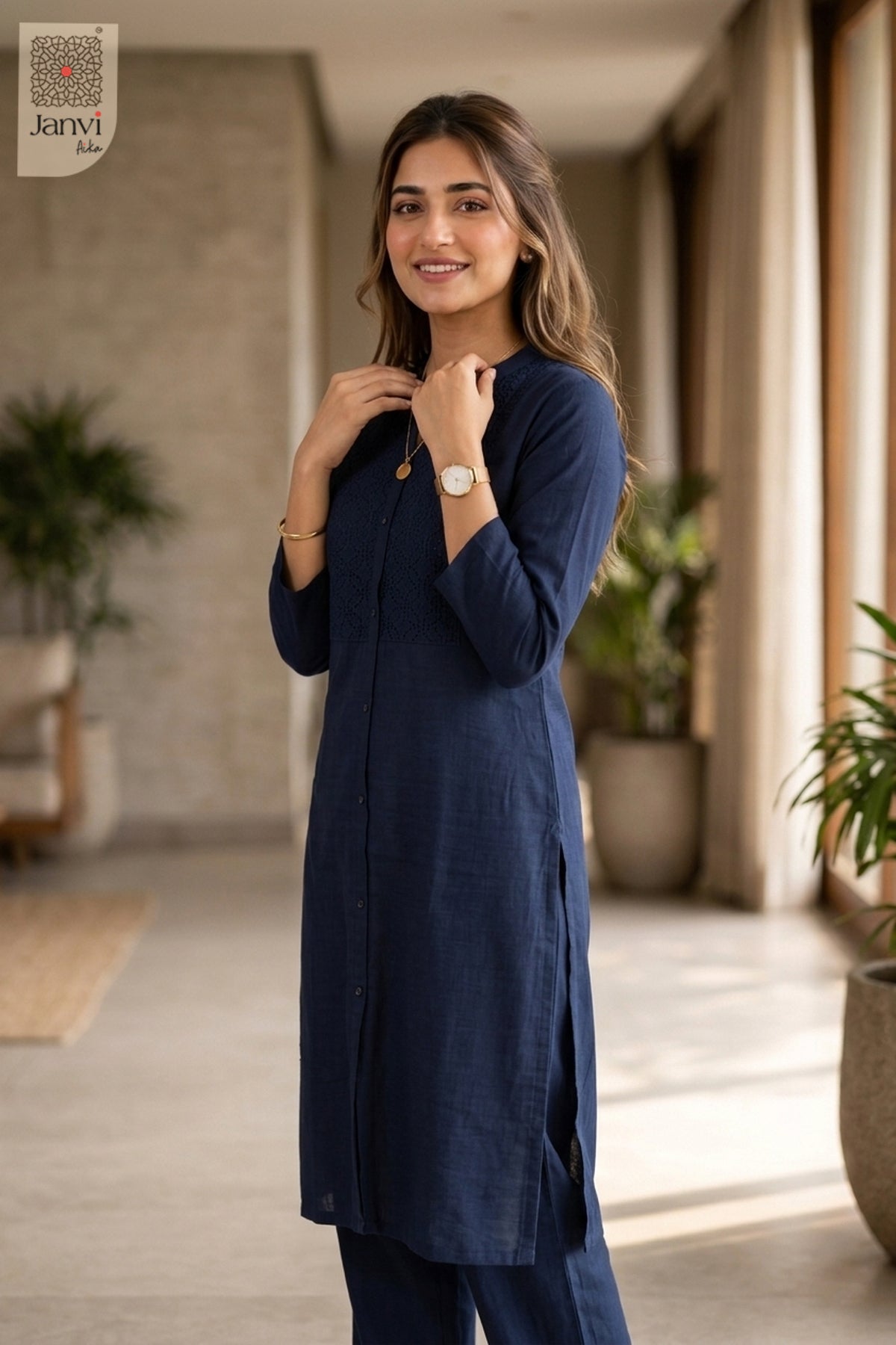 Three-quarter view of Midnight Muse from the 2 piece outfits for ladies range with elbow sleeves.