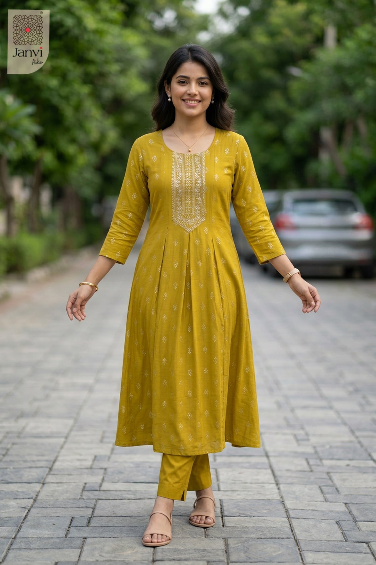 Side profile view of Mustard Bloom Top showcasing design for indo western dresses for female.