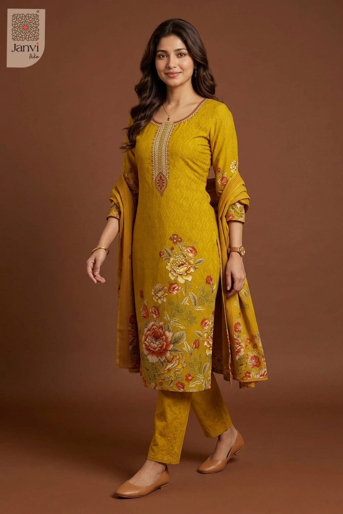Mid length front shot highlighting printed amber hemline on a silk churidar set.