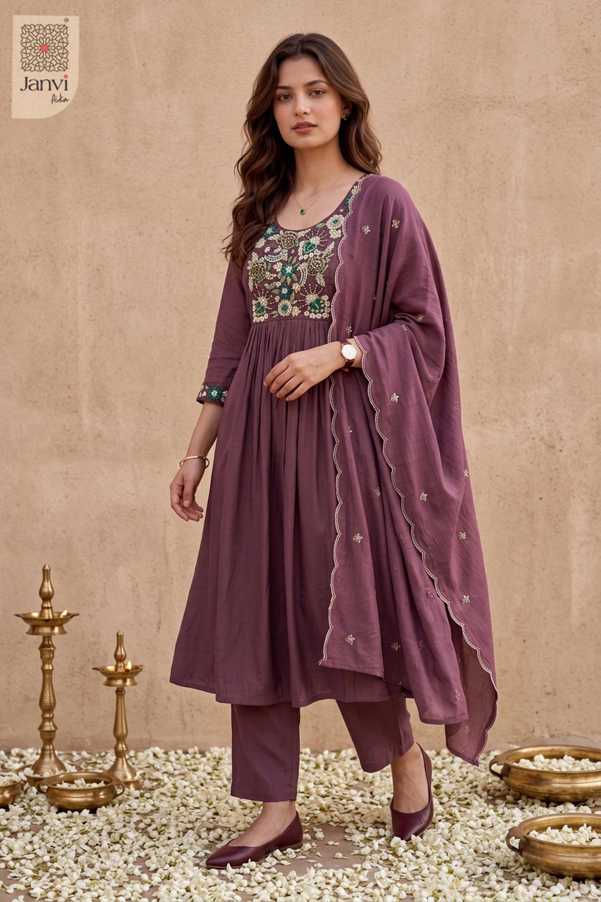 Mauve Jewel Meadow Beadwork Round Neck