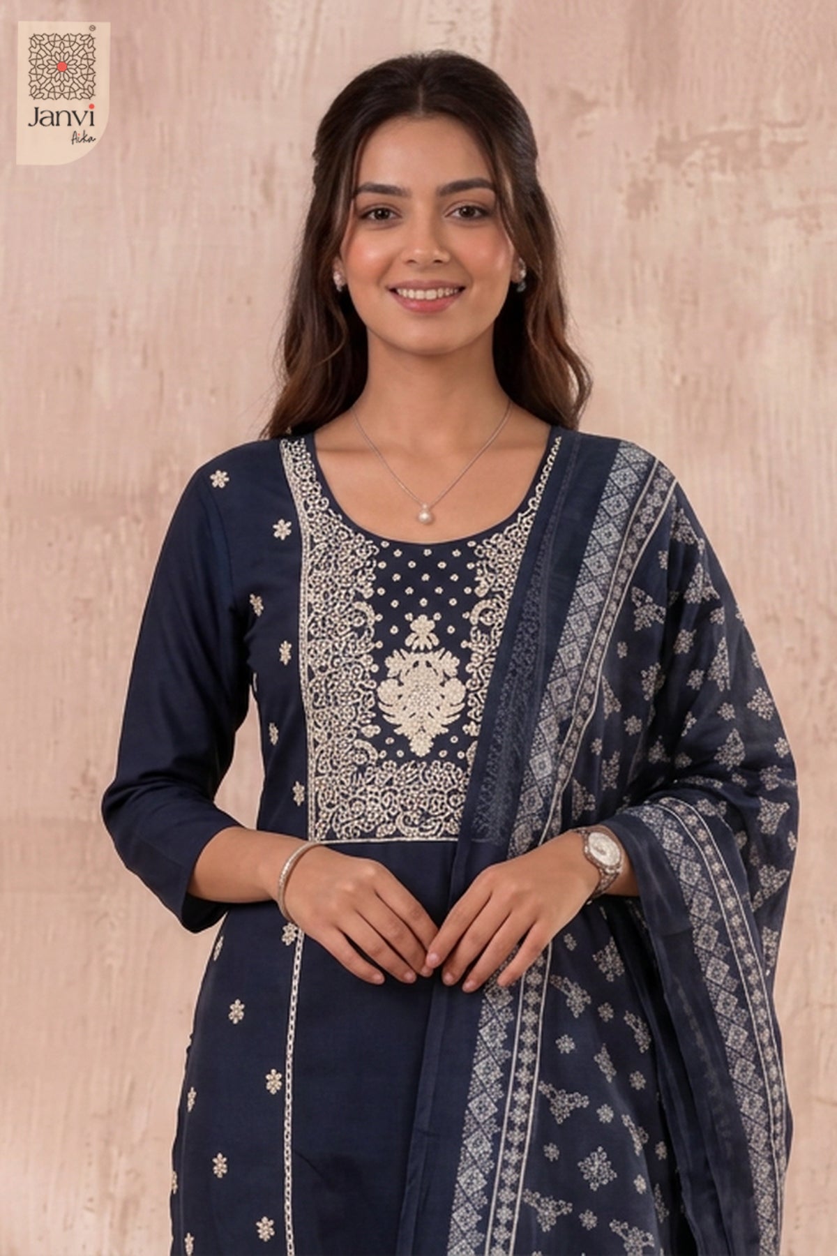 Midnight Blue Ivory Lacework Embroidered Yoke Kurti