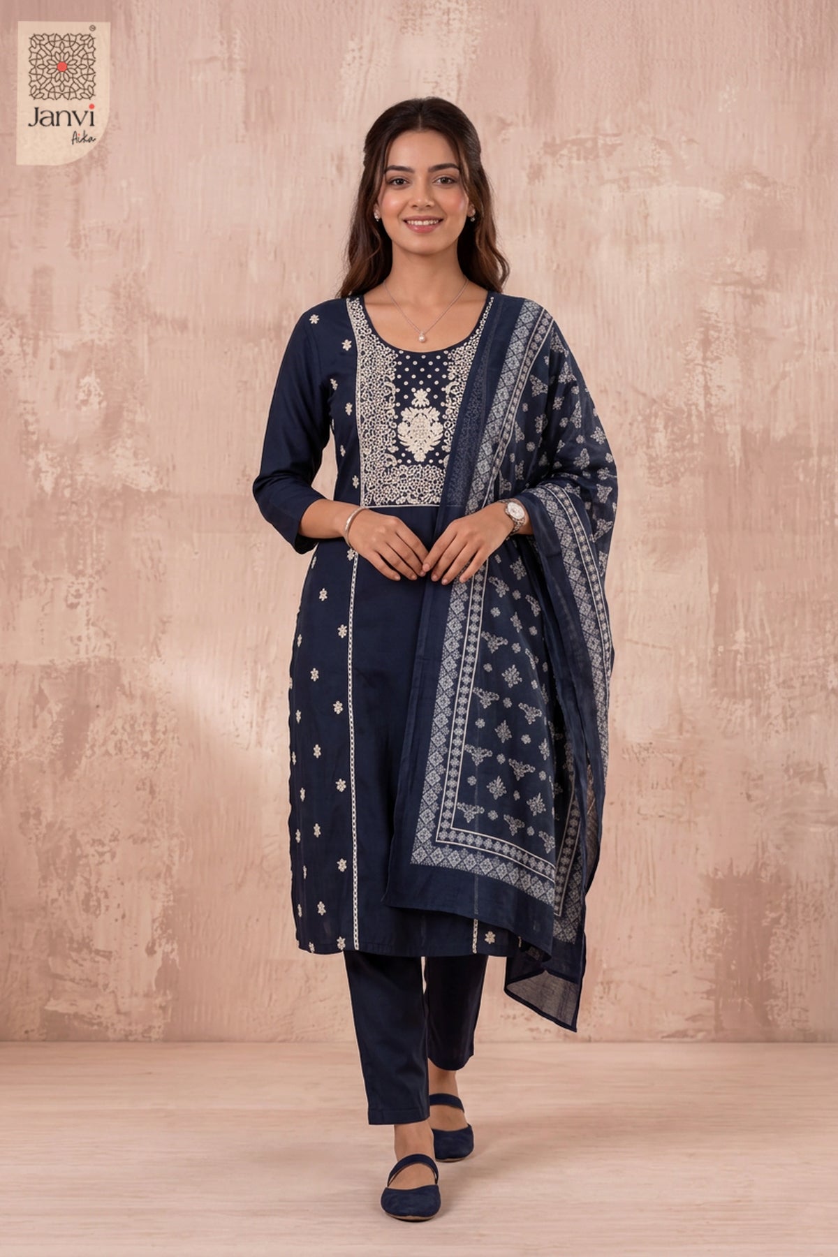 Midnight Blue Ivory Lacework Embroidered Yoke Kurti