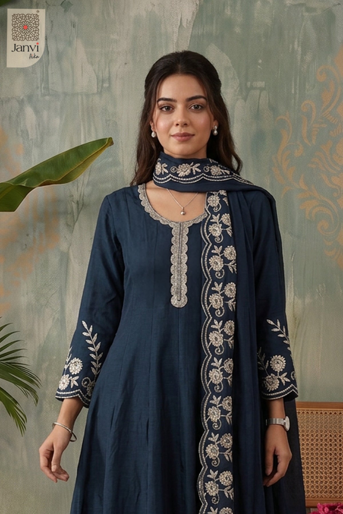 Midnight Lagoon Scallop Lace Round Neck Panelled Flare Kurti