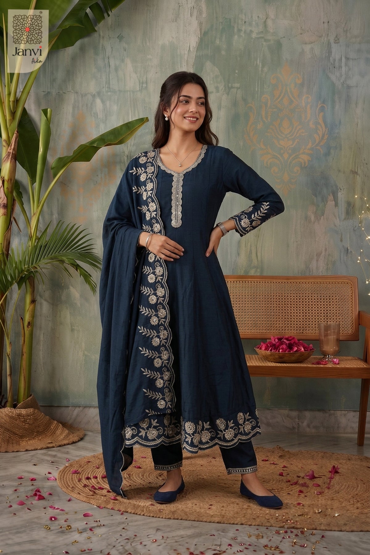 Midnight Lagoon Scallop Lace Round Neck Panelled Flare Kurti