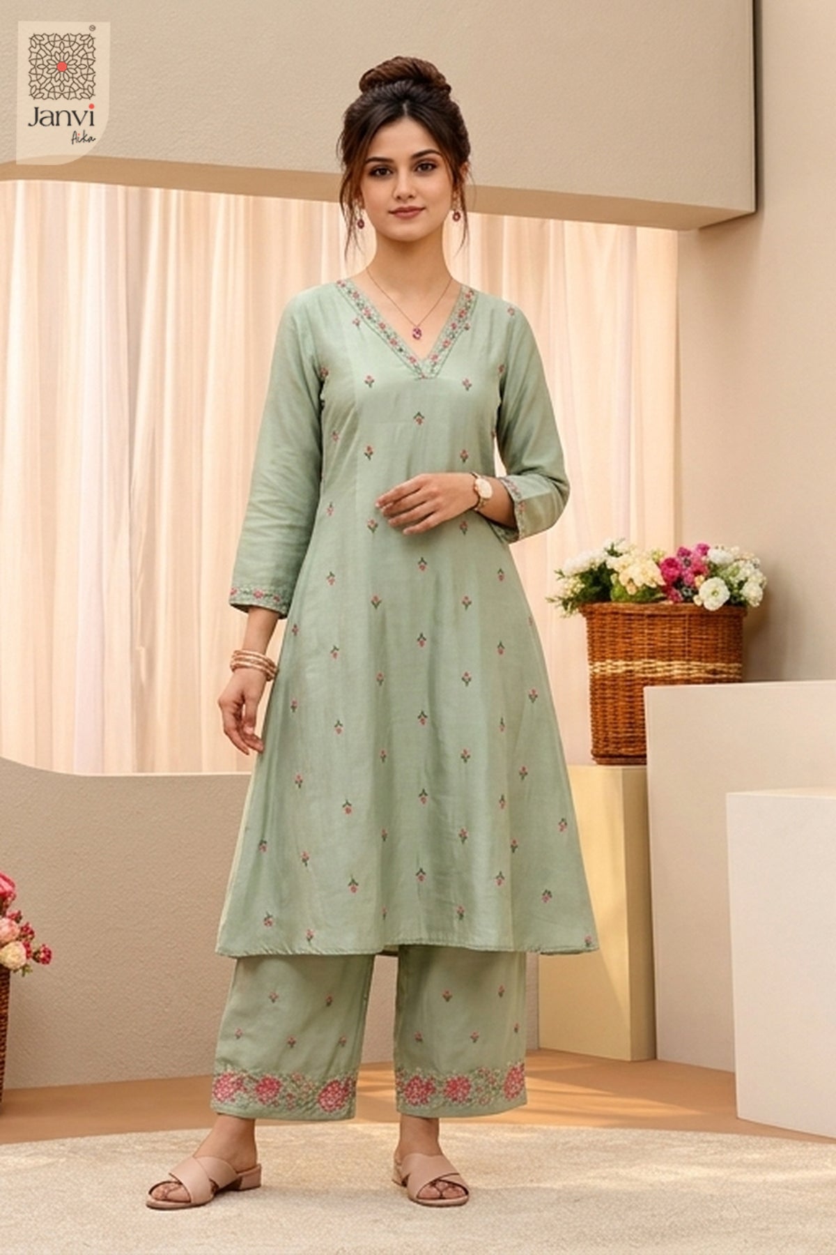 Mint Blossom Embroidered Set