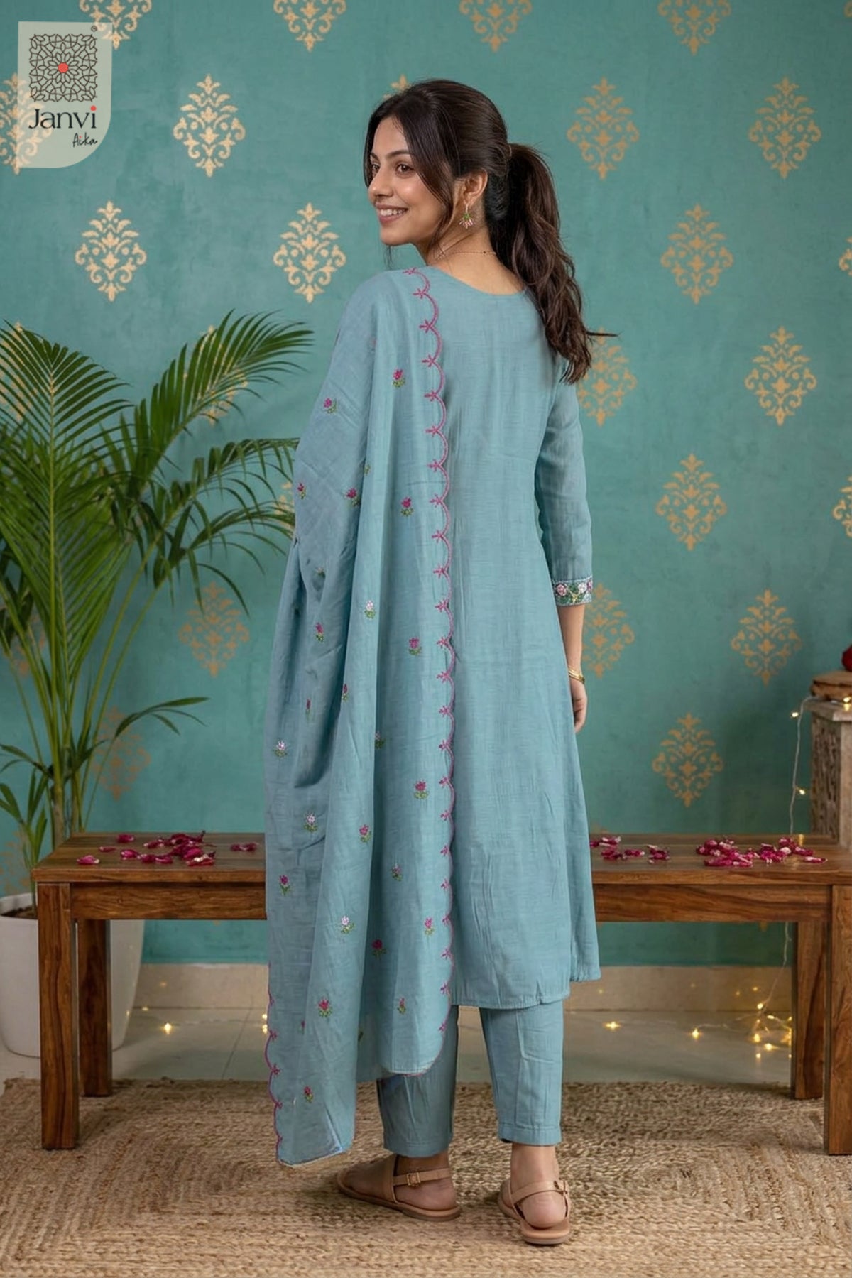 Misty Azure Rosette Reverie Anarkali