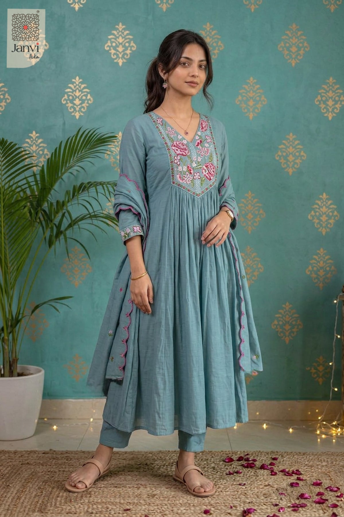 Misty Azure Rosette Reverie Anarkali