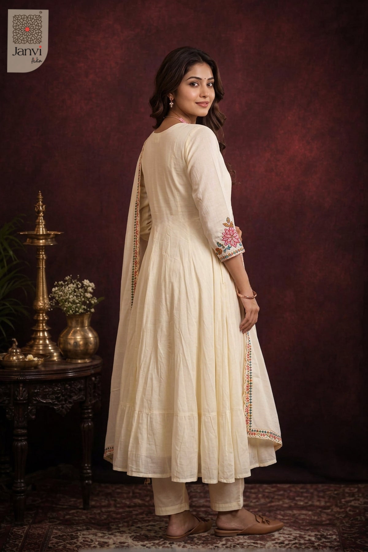 Moonlit Ivory Gulmohar Symphony Anarkali