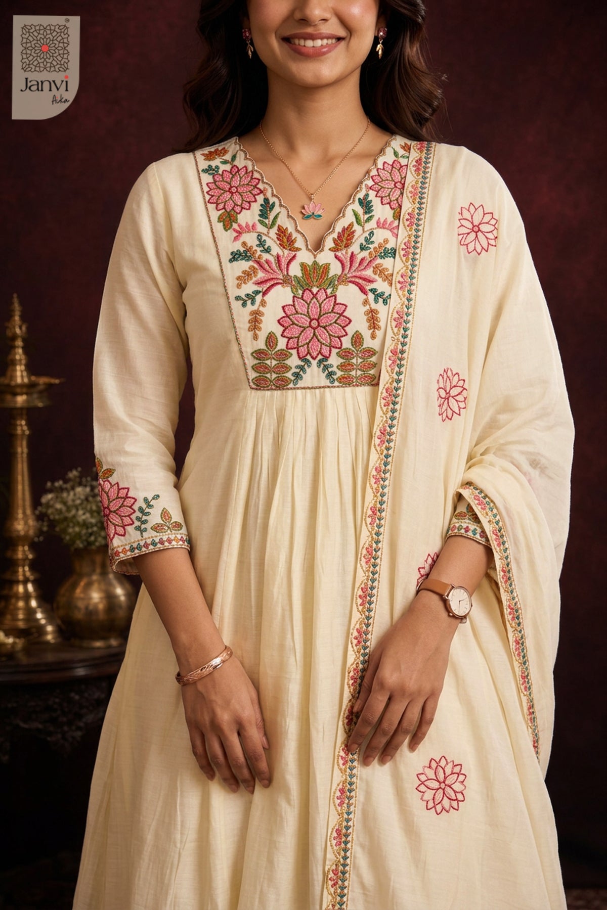 Moonlit Ivory Gulmohar Symphony Anarkali
