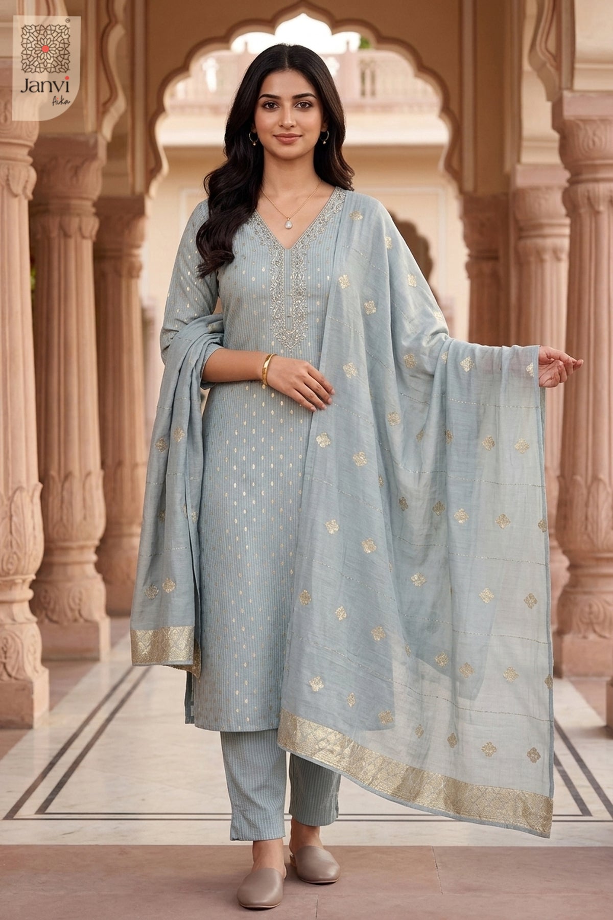 Moonstone Majesty Embroidered V Neck Kurta